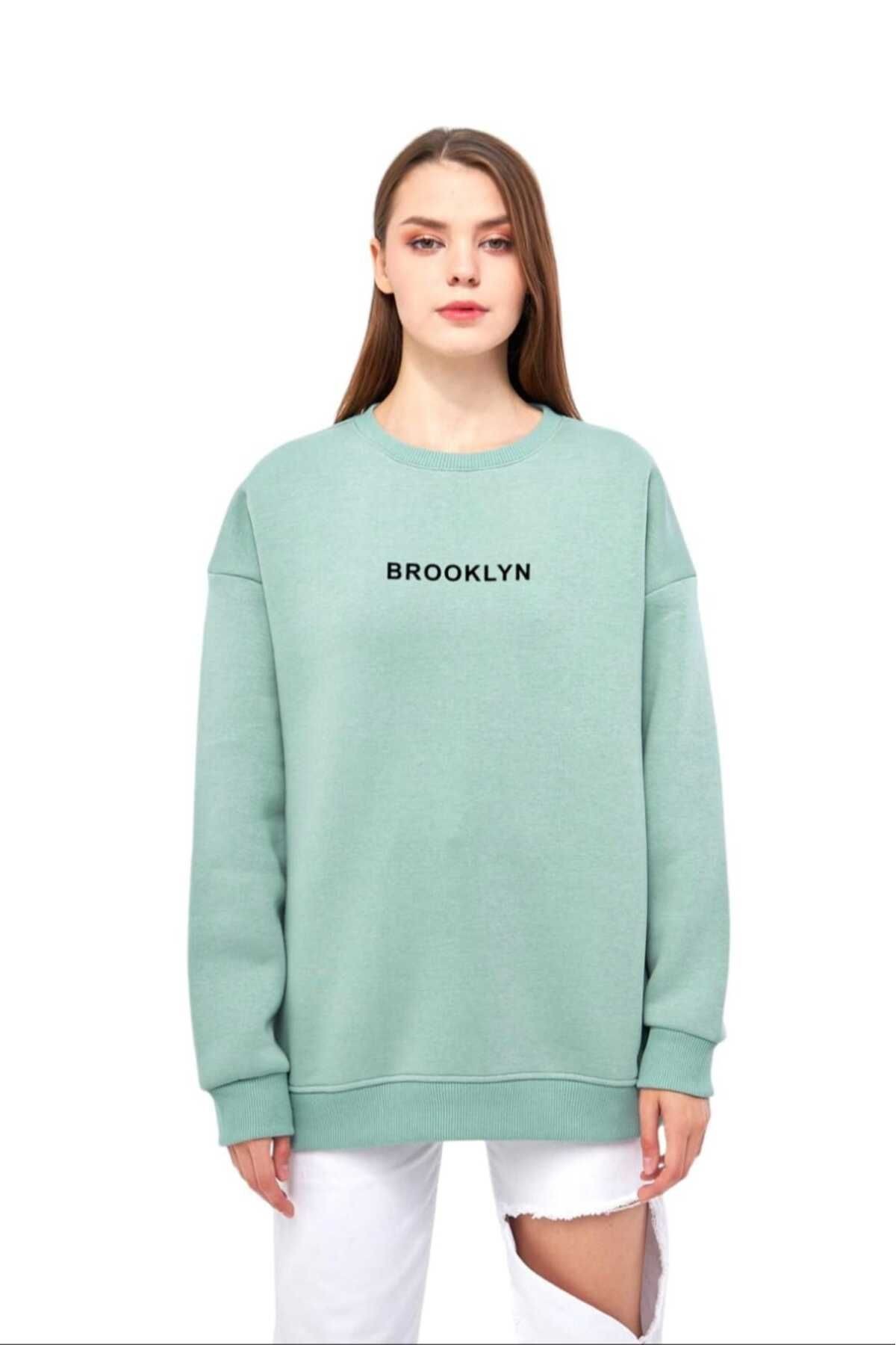 Unisex Su Yeşili Basic Bisiklet Yaka Sweatshirt Baskılı Hoodie %100 Pamuklu