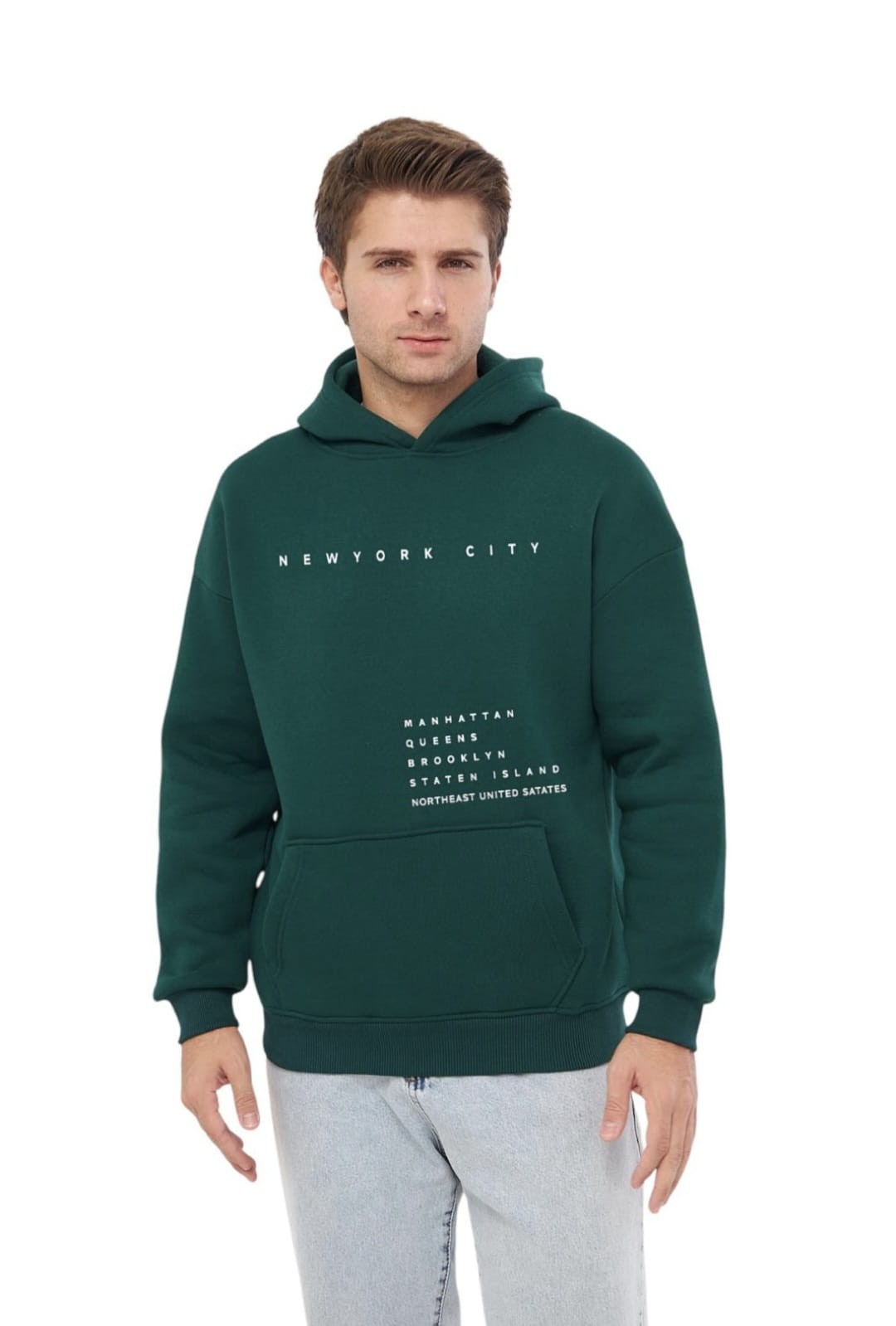 Unisex Basic Sweatshirt Kapşonlu Hoodie Newyork Cıty Baskılı  %100 Pamuklu - koyu yeşi̇l