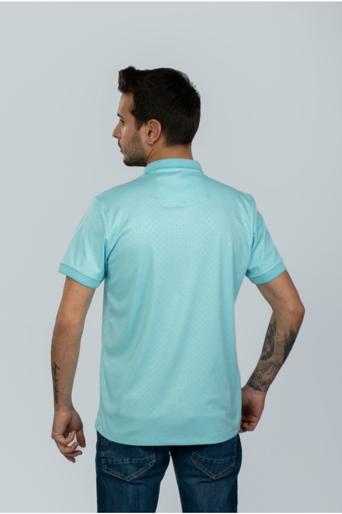 Mint Yeşil Cepli Polo Yaka Desenli T-shirt