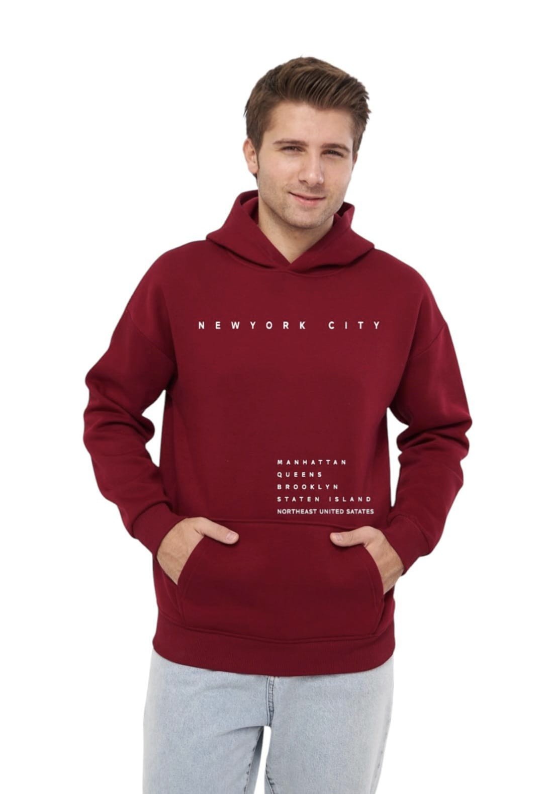 Unisex Basic Sweatshirt Kapşonlu Hoodie Newyork Cıty Baskılı  %100 Pamuklu - BORDO