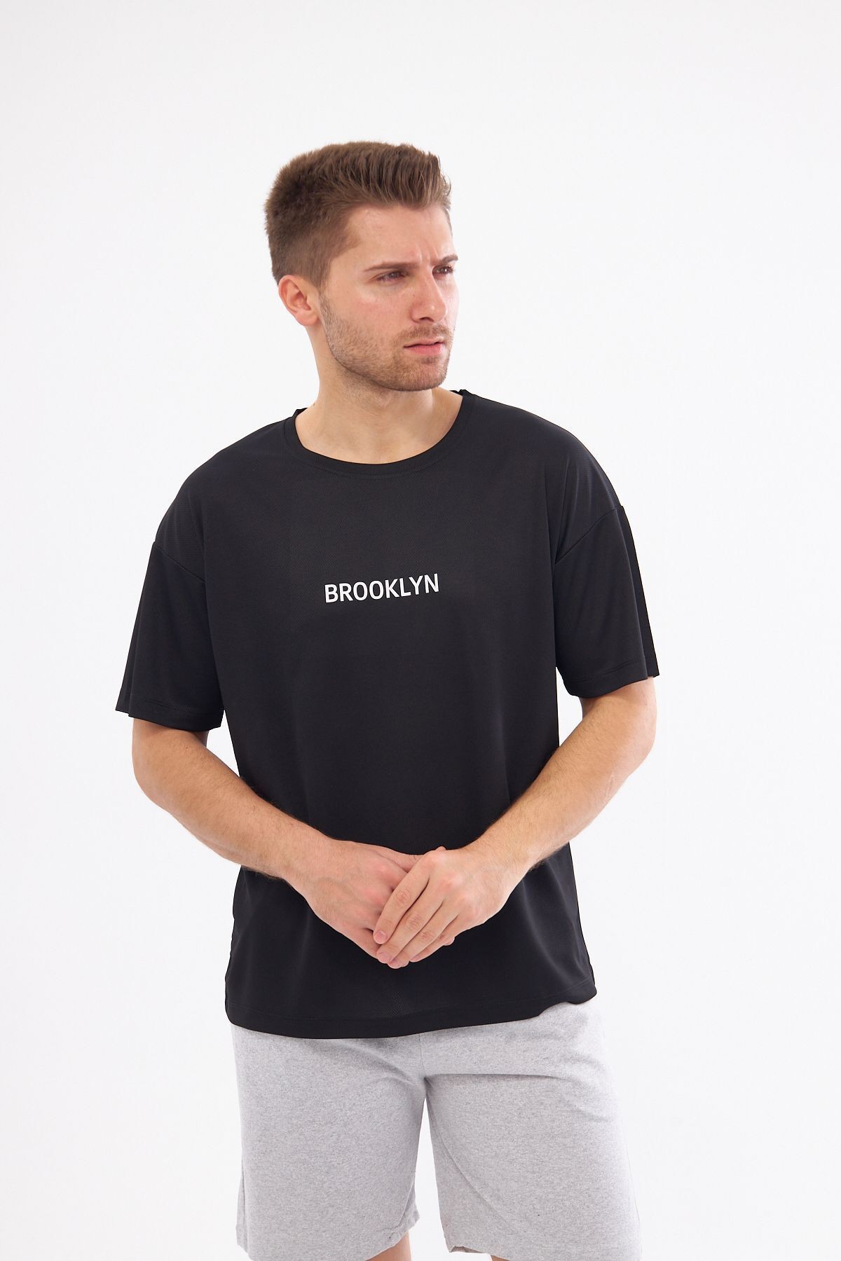 Spor T-shirt Erkek Brooklyn Baskılı Siyah Renk Yuvarlak Yaka