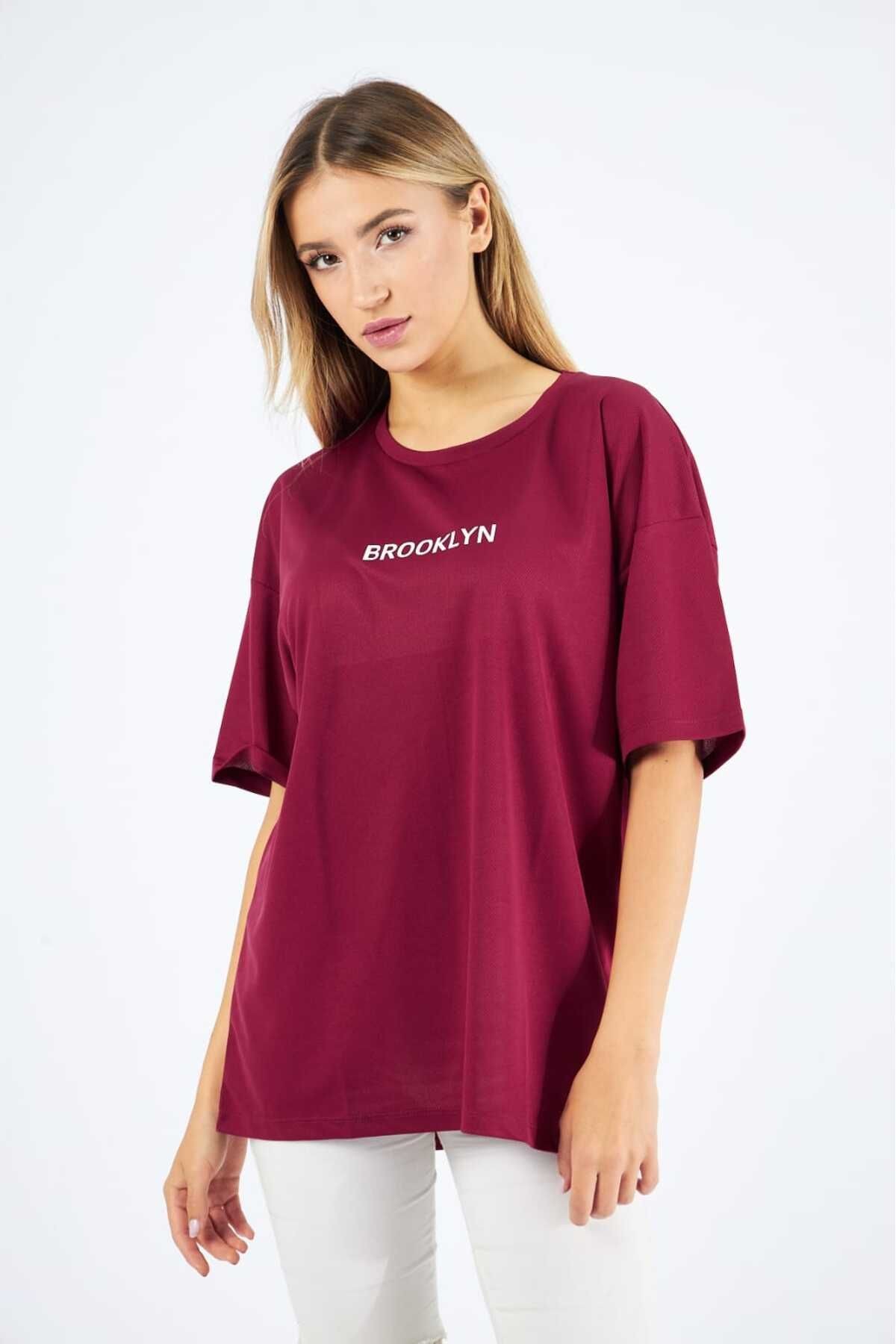 Spor T-shirt Yuvarlak Yaka Baskılı Bordo Renk