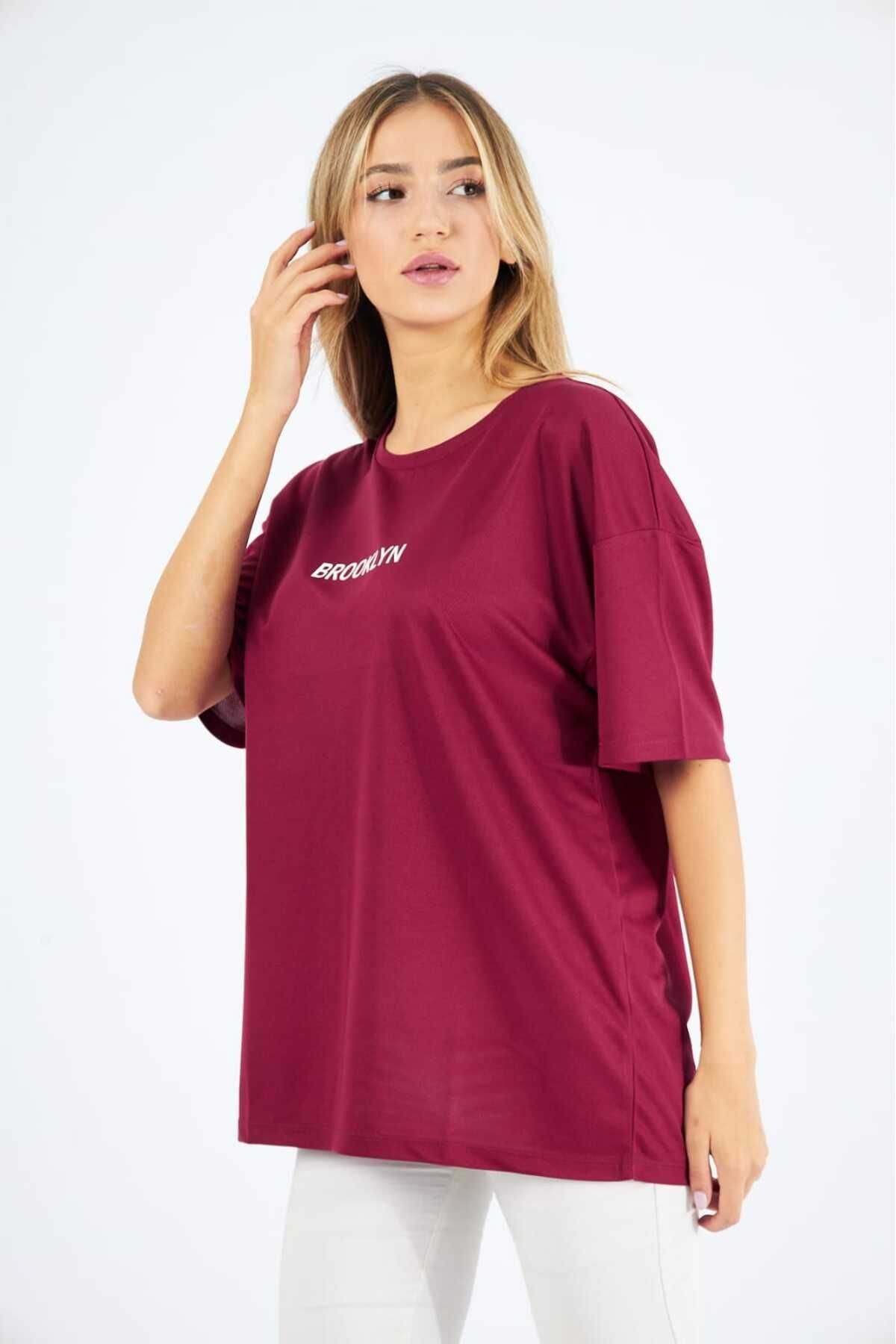 Spor T-shirt Yuvarlak Yaka Baskılı Bordo Renk