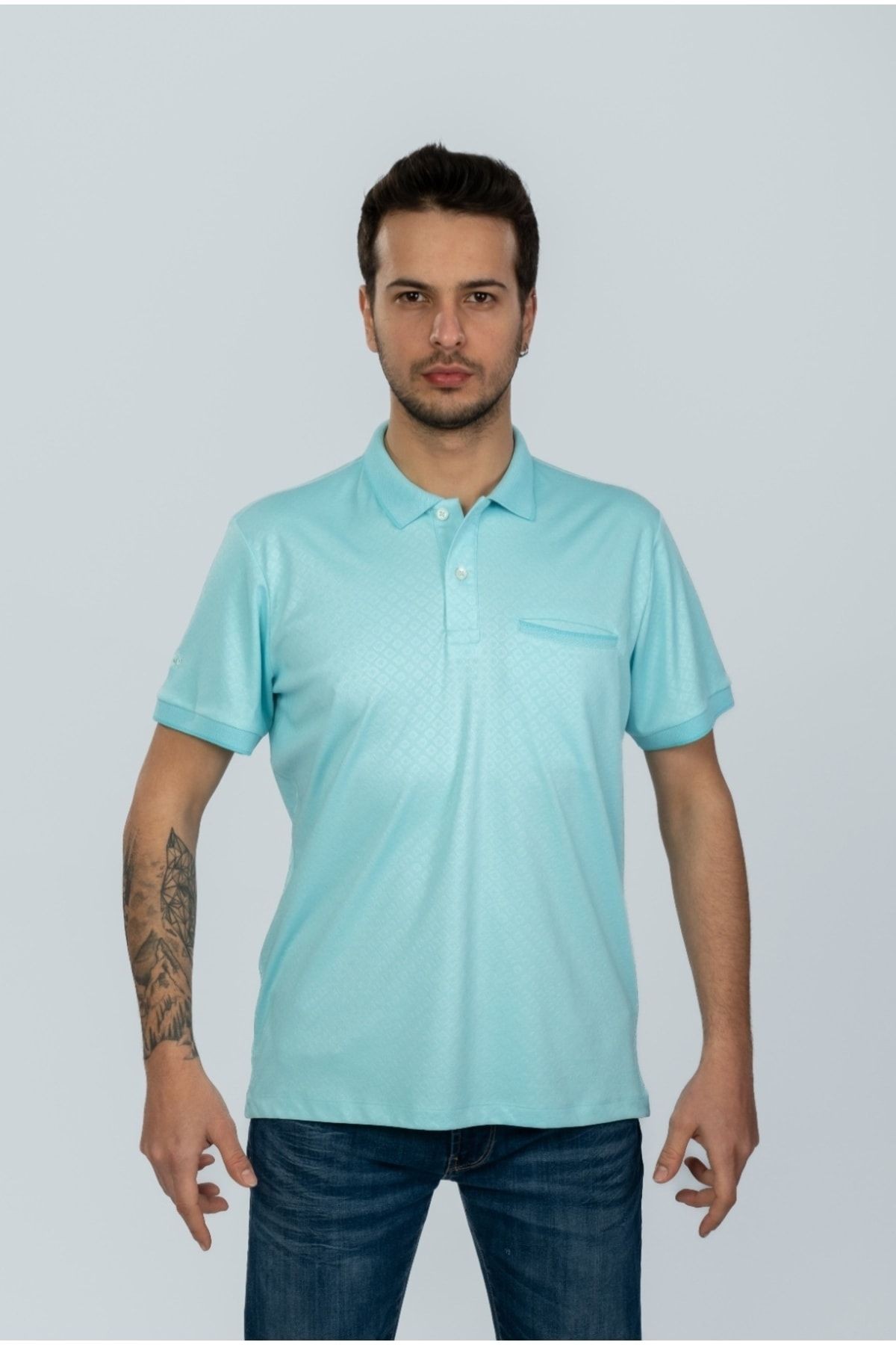 Mint Yeşil Cepli Polo Yaka Desenli T-shirt