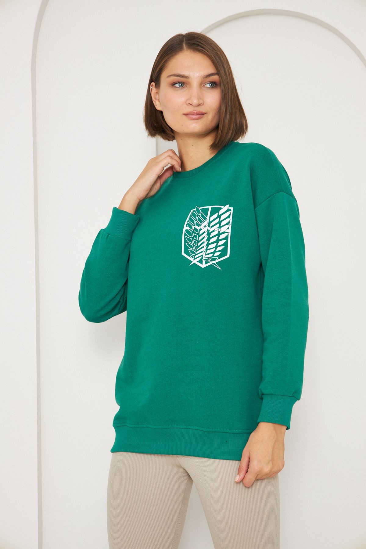 Sweatshirt Yeşil Renk Yaprak Baskılı 3iplik Şardonsuz Bisiklet Yaka Oversize