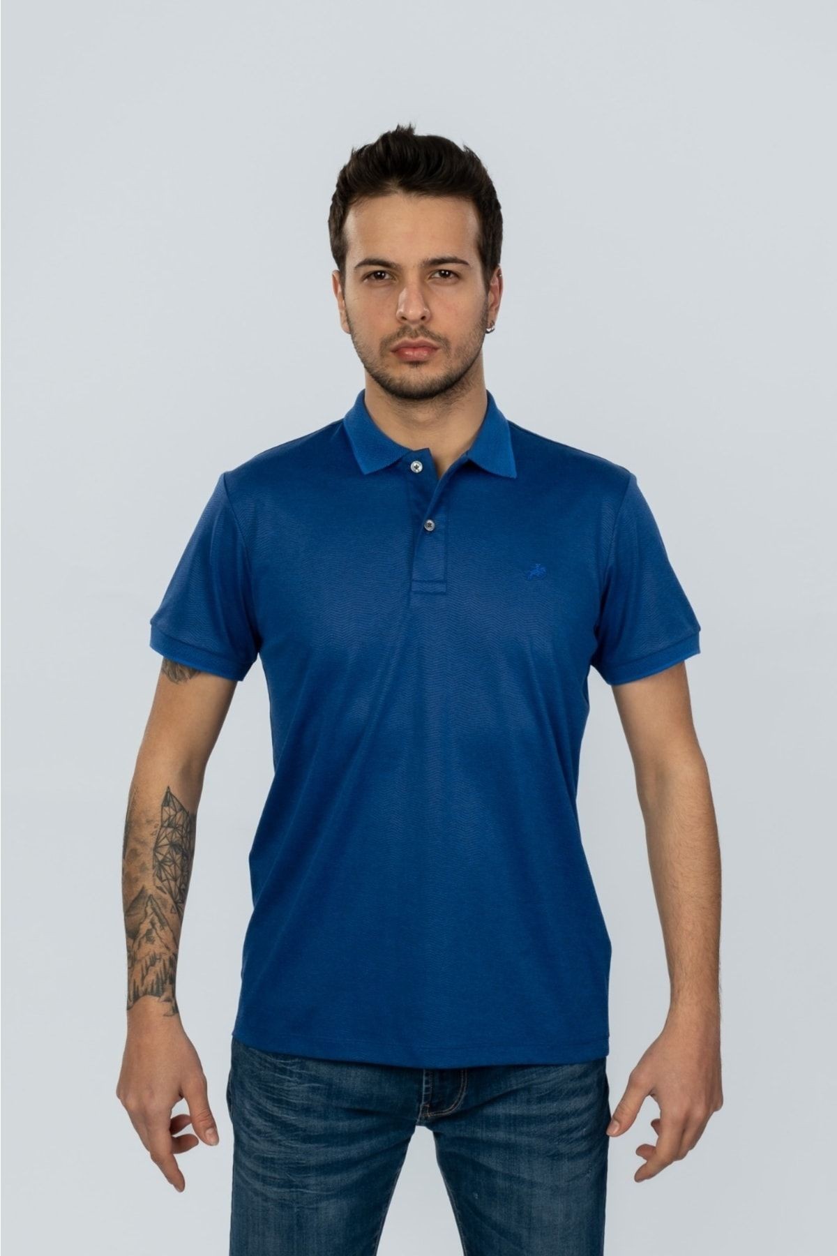 Polo Yaka Lacivert Desenli T-shirt