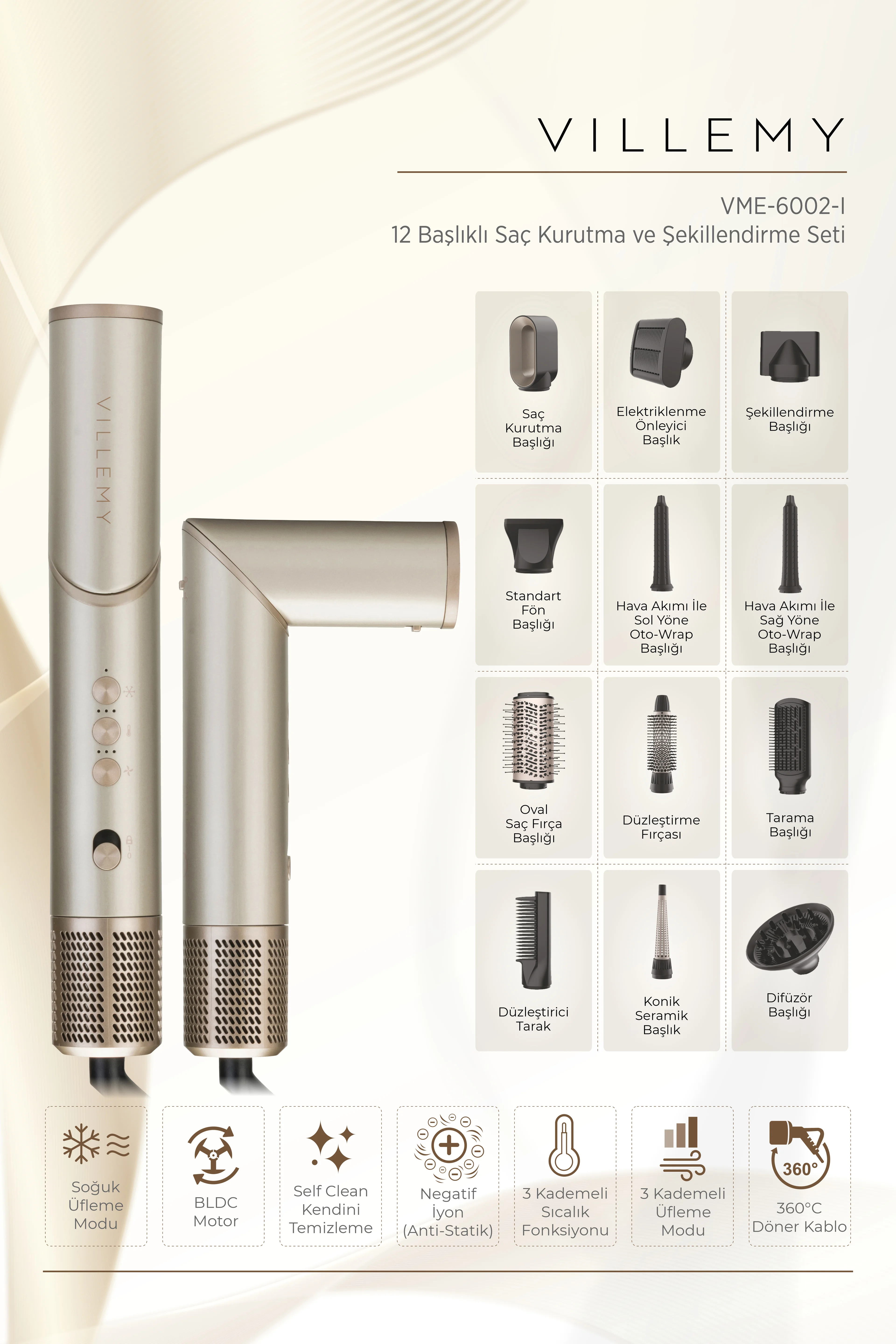vonmie フルセット womidi Pro 8in1 Multi-styler Hava Üflemeli Saç Şekillendirici ve
