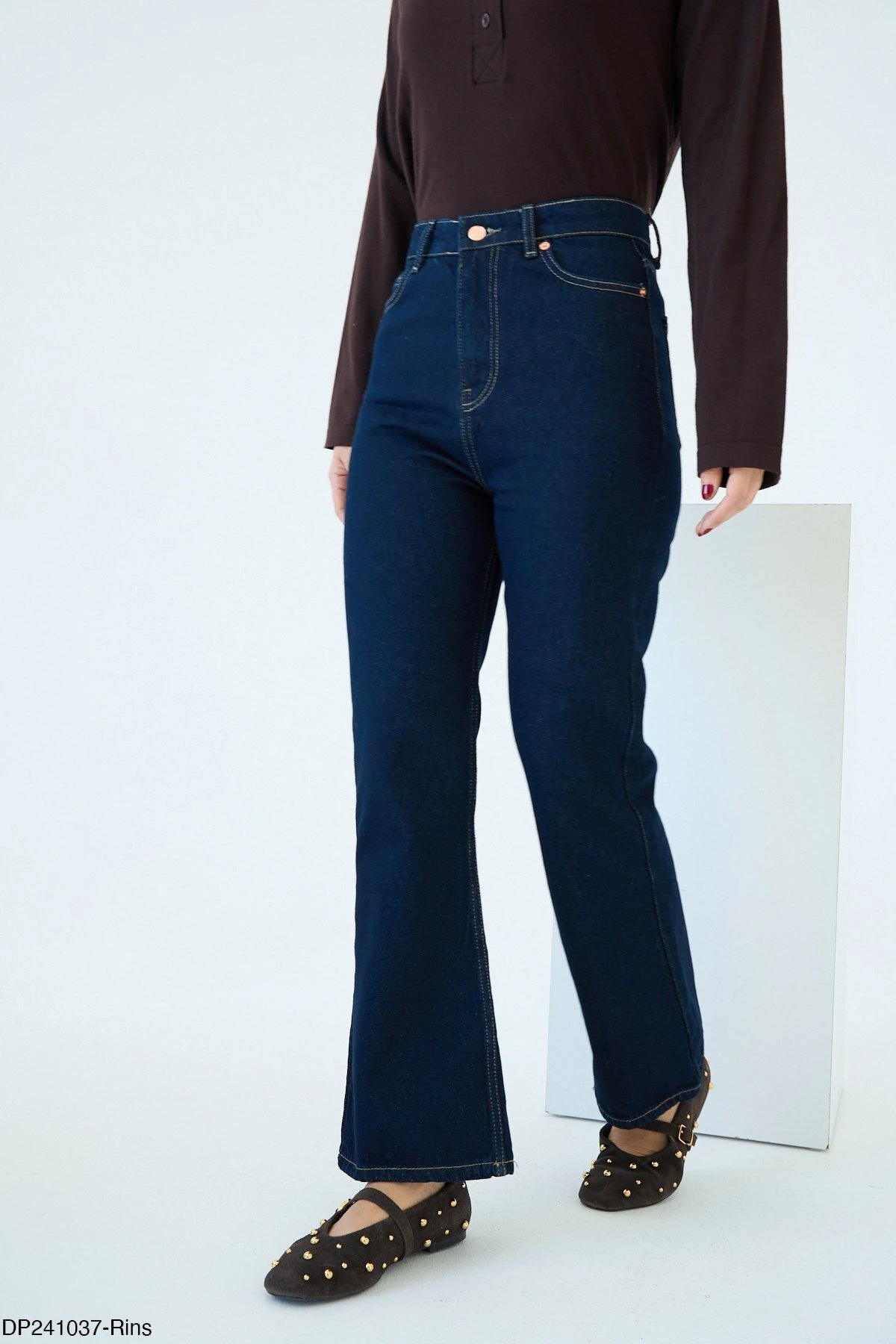 Kadın Koyu Lacivert Yüksek Bel İspanyol Paça Jean Pantolon