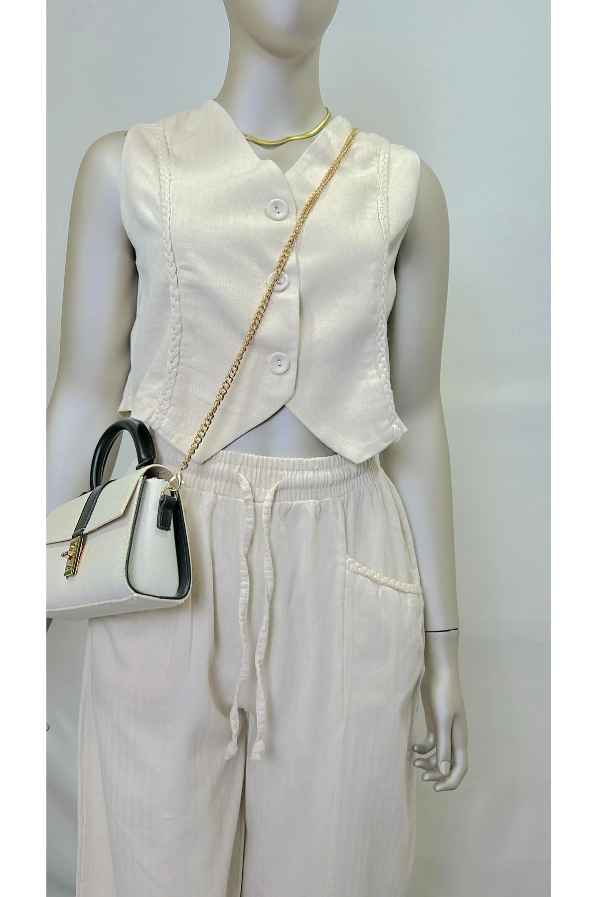 Kadın Bej Örgü Detaylı Yelek Pantolon Alt Üst Özel Tasarım Keten Takım