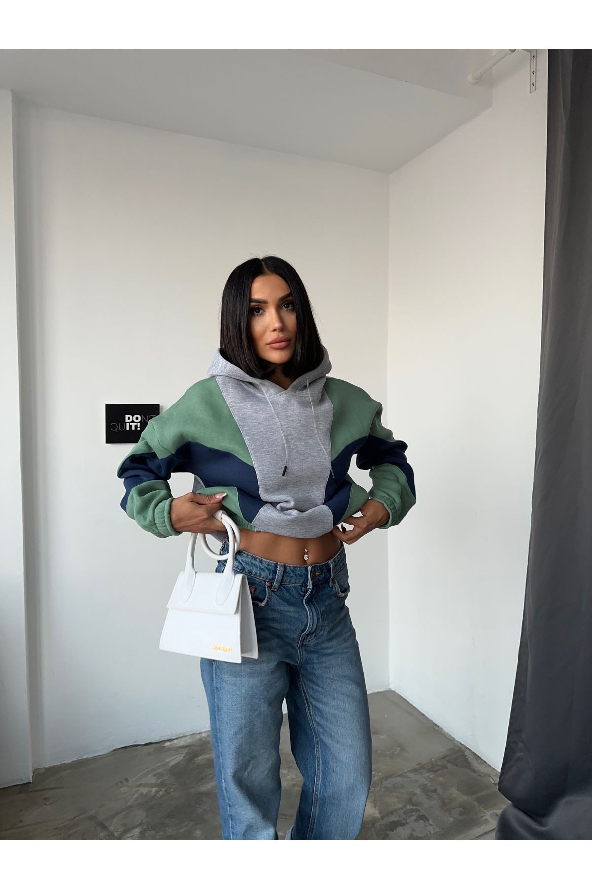 Kadın Üç Renk Garnili Bej Kapüşonlu Sweatshirt