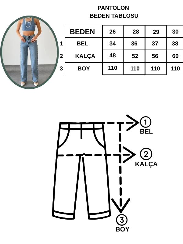 Kadın Mavi Yüksek Bel İnci Taşlı Jean Pantolon