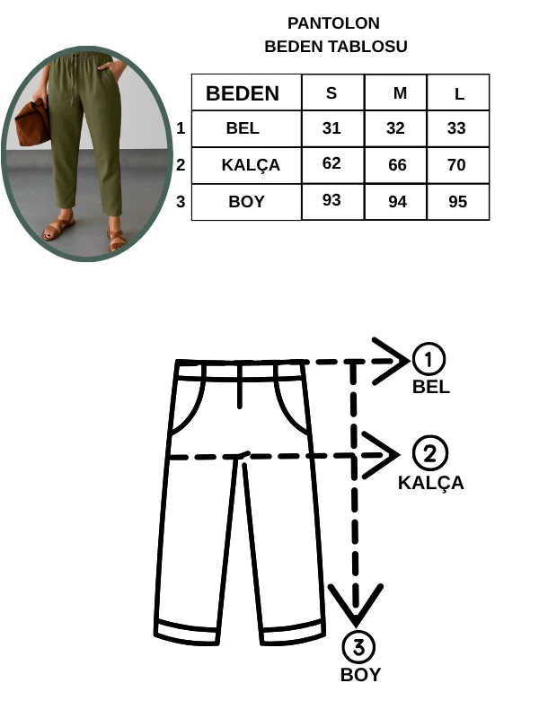 Kadın Yüksek Bel Beli Lastikli Balon Model Keten Pantolon