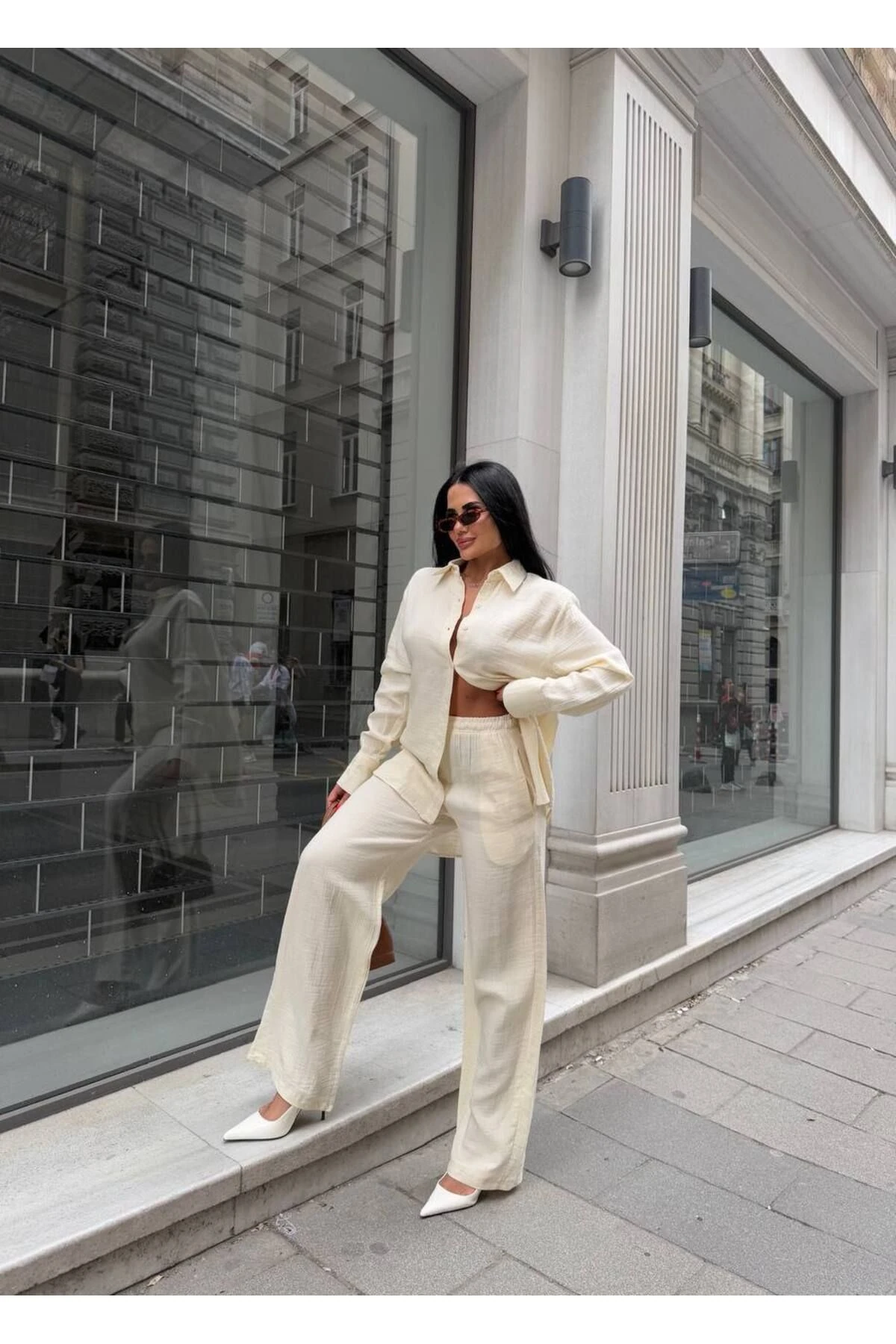 Kadın Bej Ikili Müslin Gömlek Pantolon Alt Üst Takım