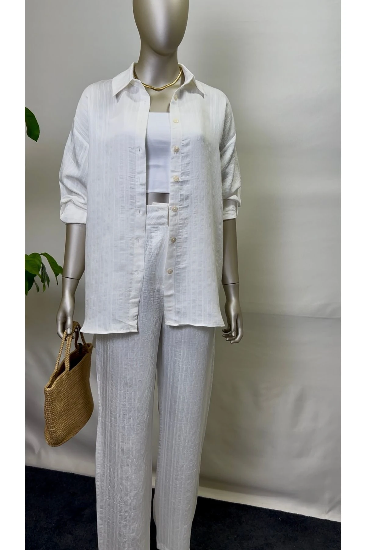 Kadın Beyaz Pantolon Gömlek Alt Üst İkili Takım