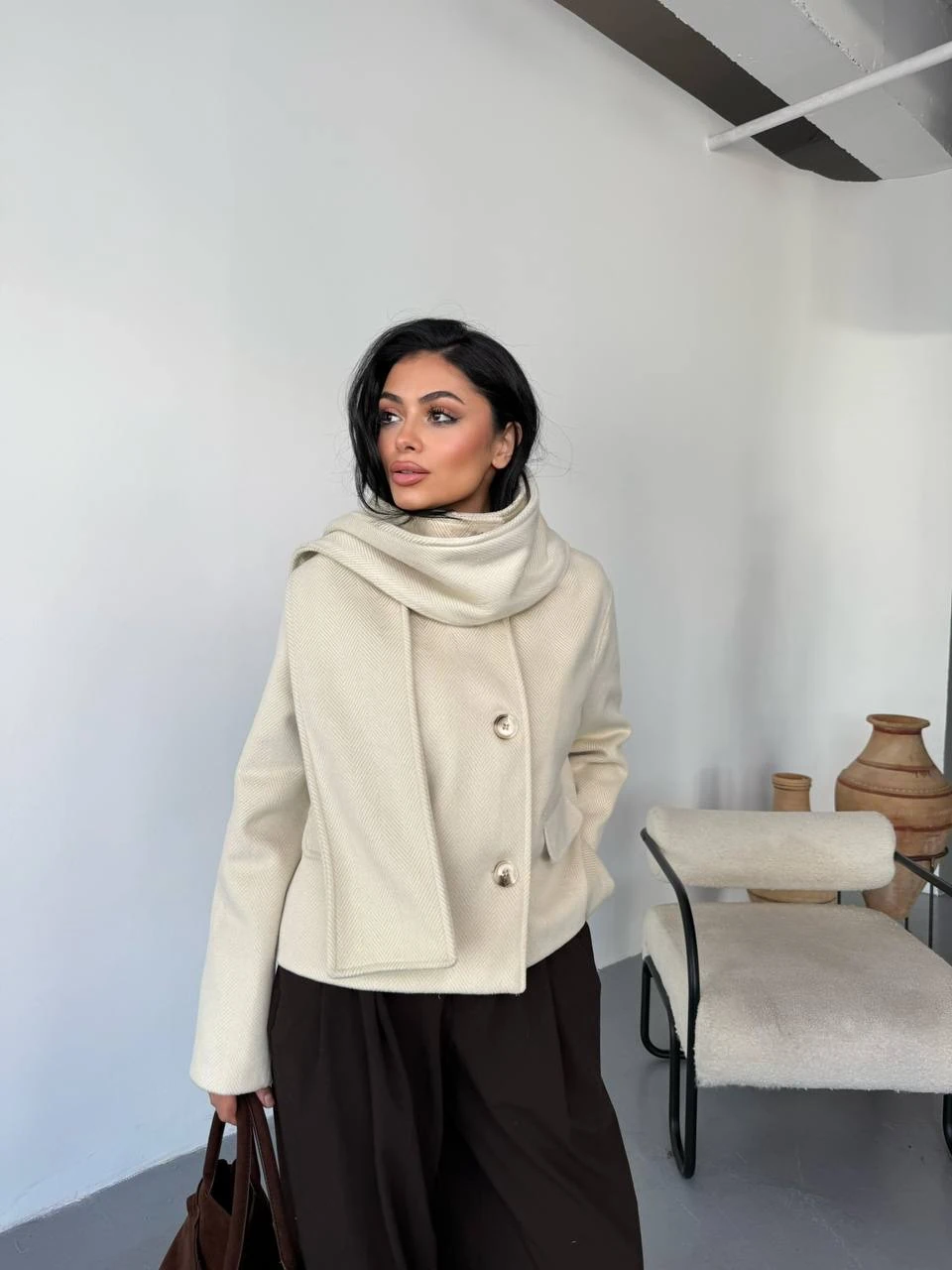 Kadın Atkılı Düğmeli Kaşe Kaban