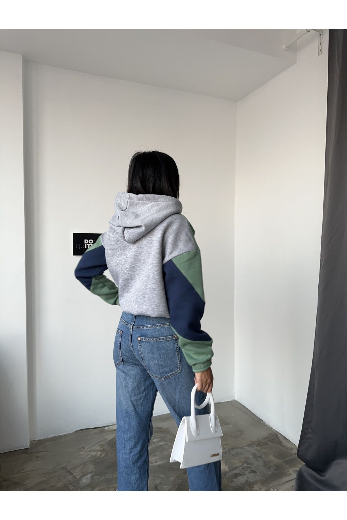 Kadın Üç Renk Garnili Bej Kapüşonlu Sweatshirt