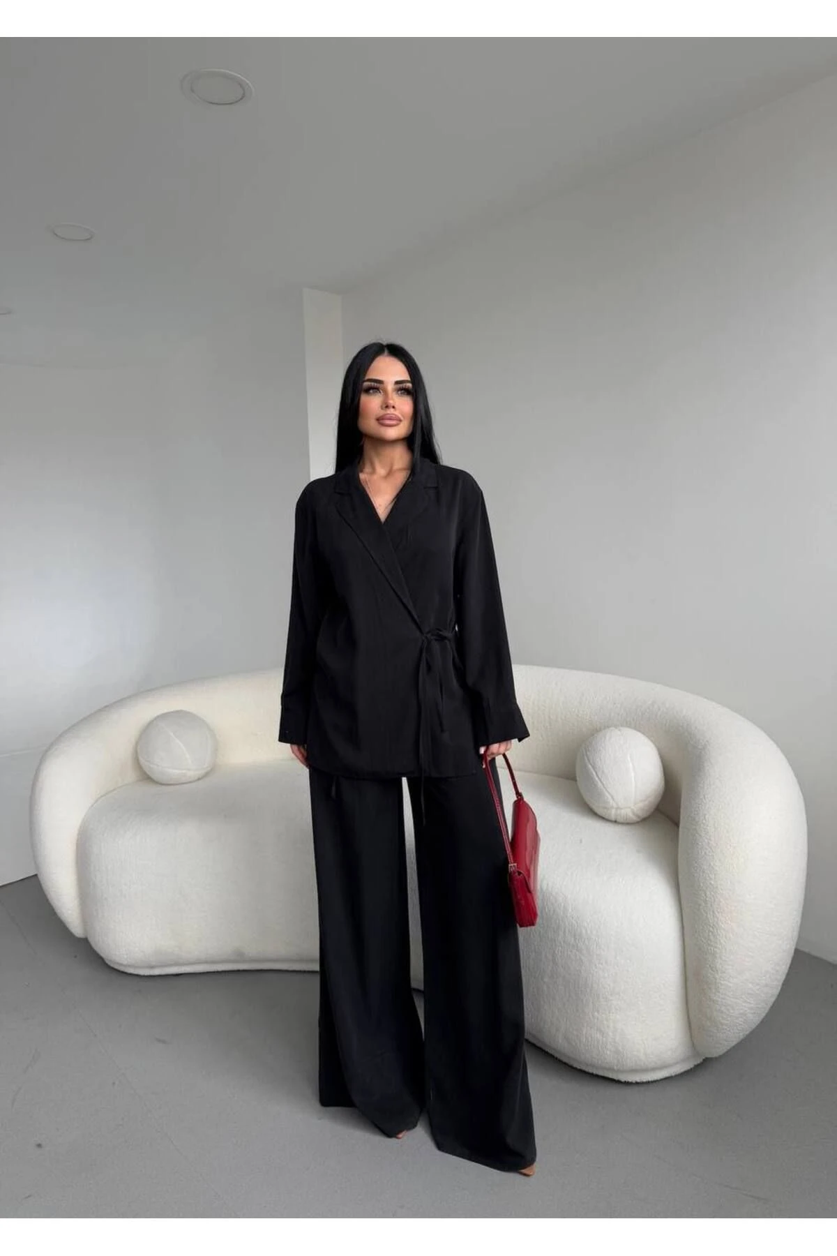 Kadın Bej Bağlamalı Gömlek Pantolon Alt Üst Ikili Takım