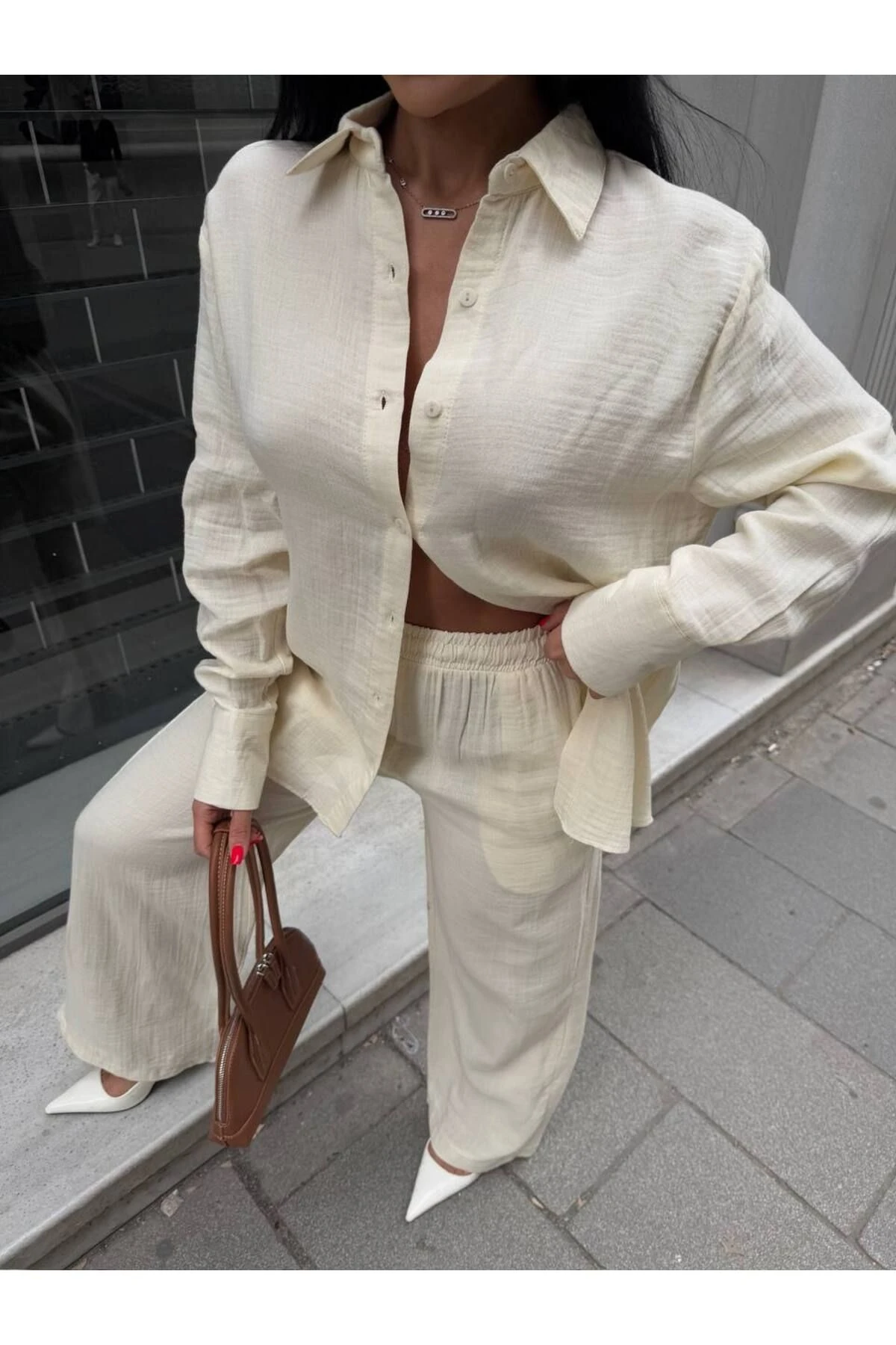 Kadın Bej Ikili Müslin Gömlek Pantolon Alt Üst Takım