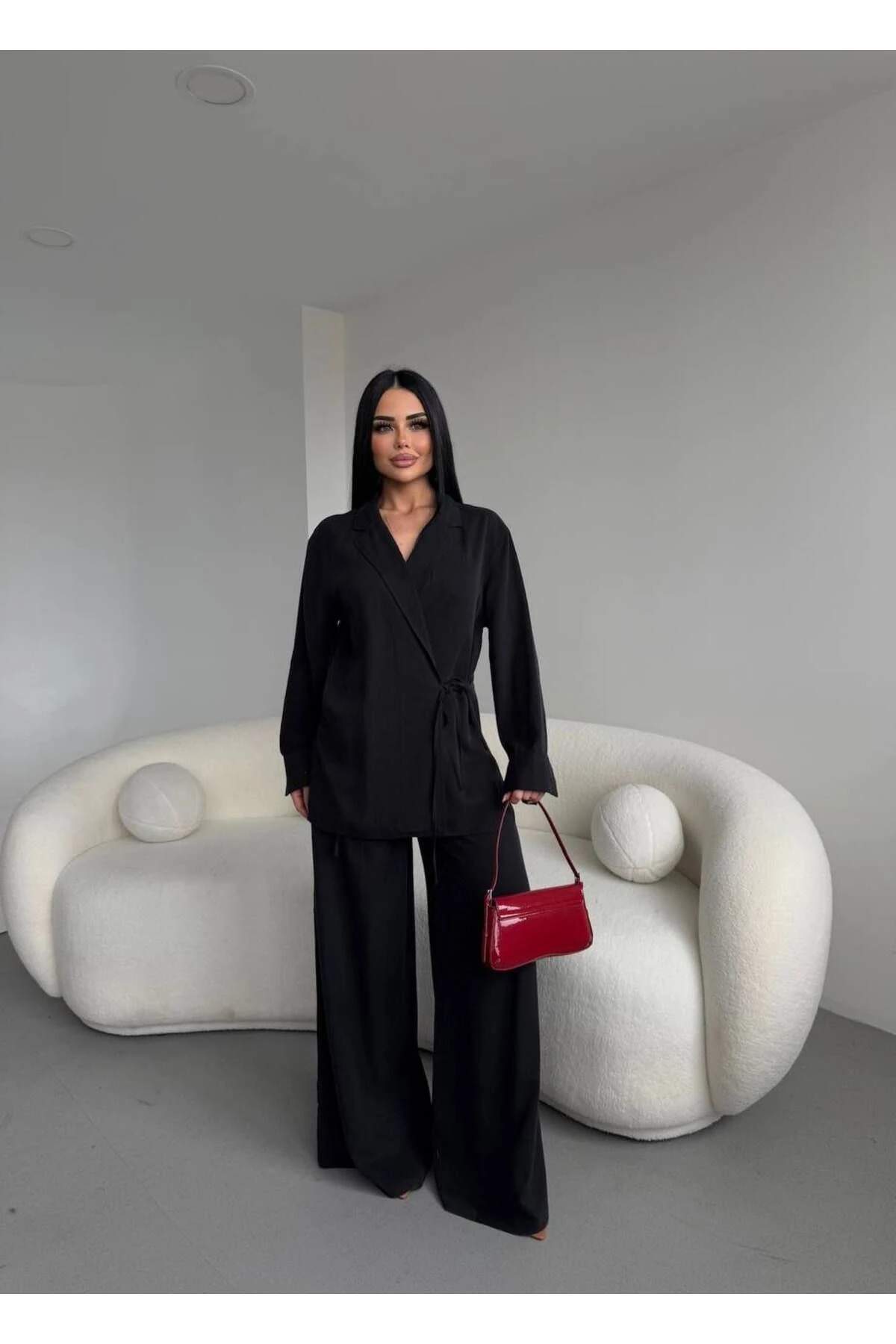 Kadın Bej Bağlamalı Gömlek Pantolon Alt Üst Ikili Takım