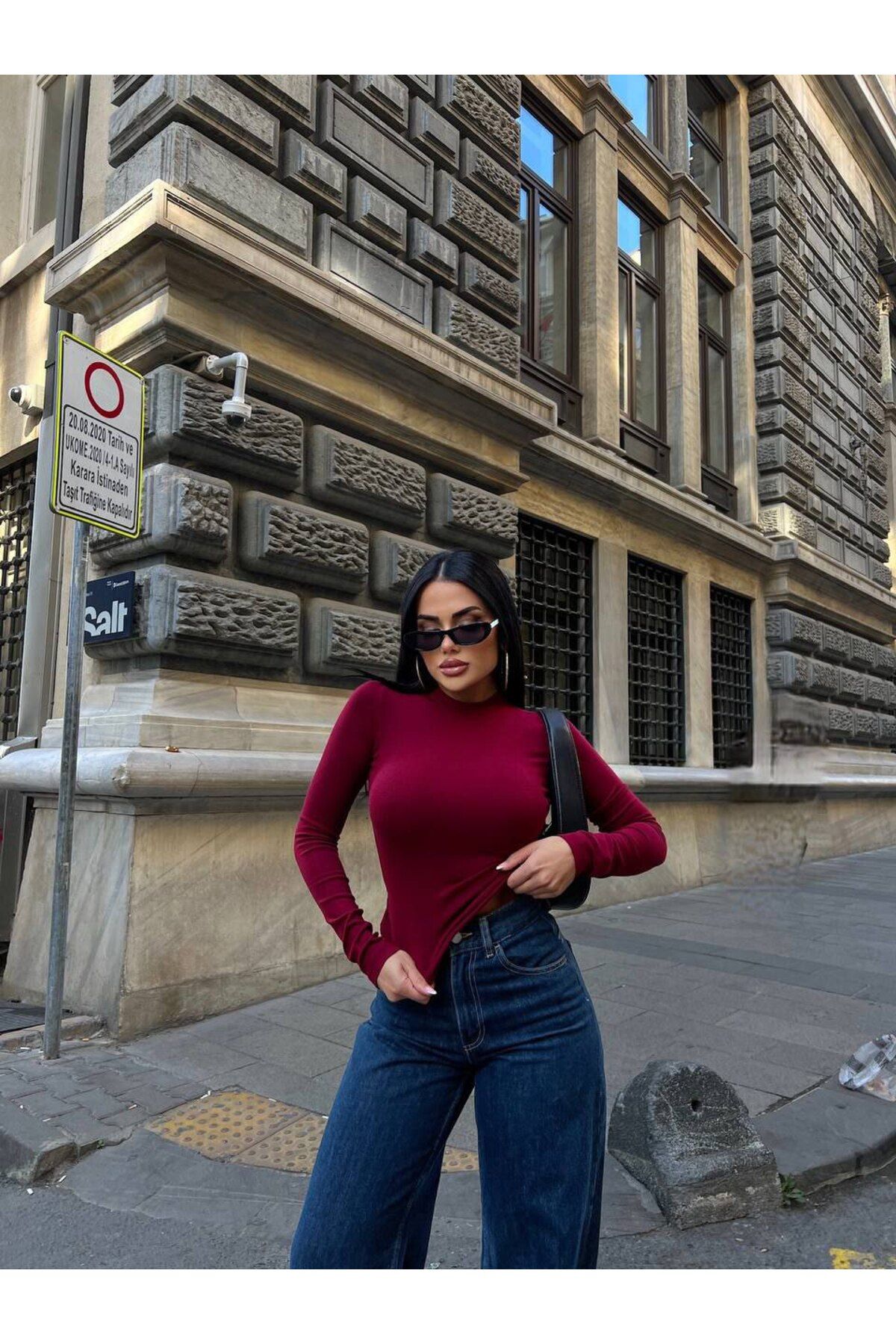 Kadın Bordo Uzun Kollu Likralı Body