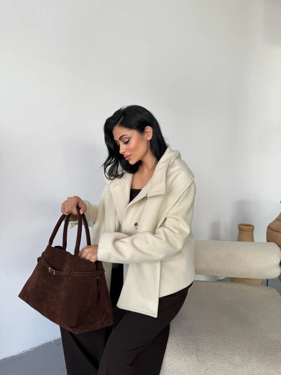 Kadın Atkılı Düğmeli Kaşe Kaban