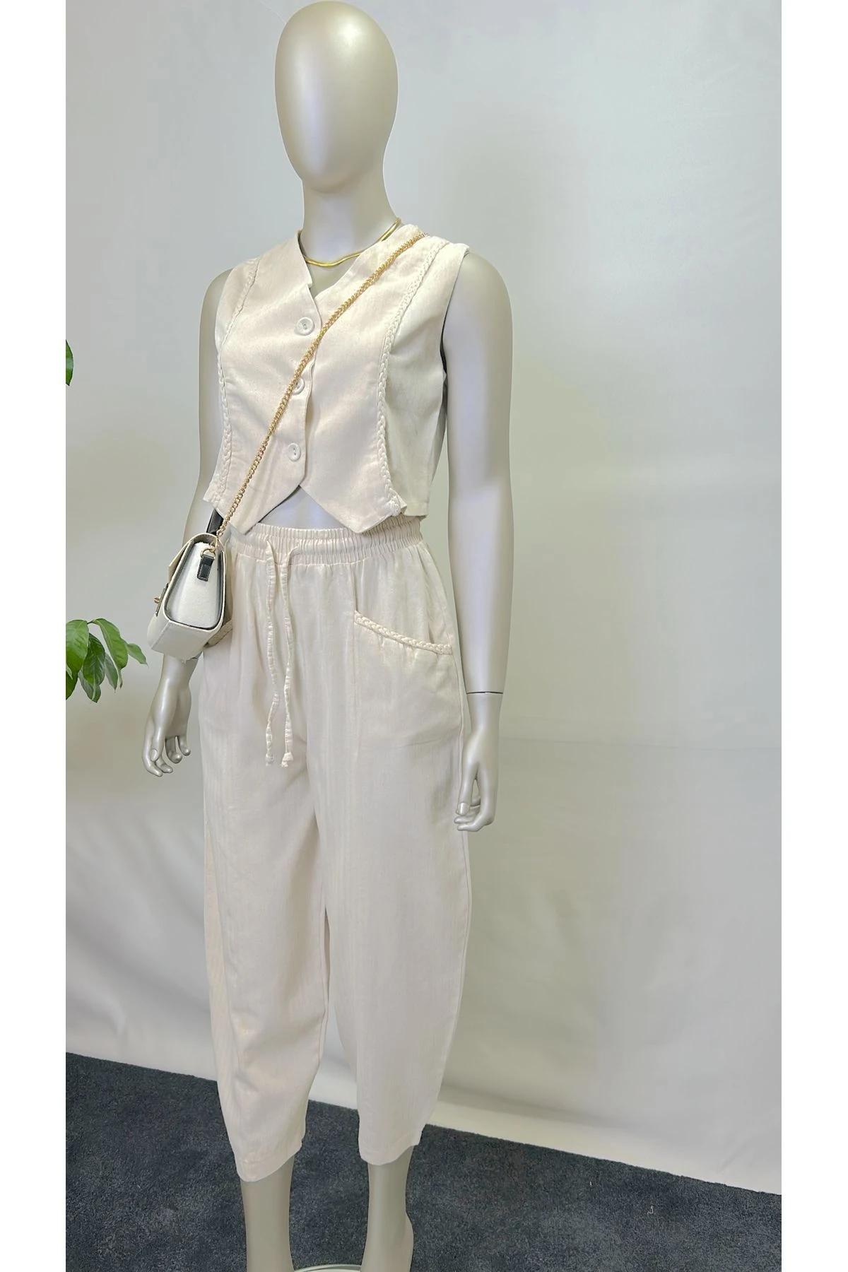 Kadın Bej Örgü Detaylı Yelek Pantolon Alt Üst Özel Tasarım Keten Takım