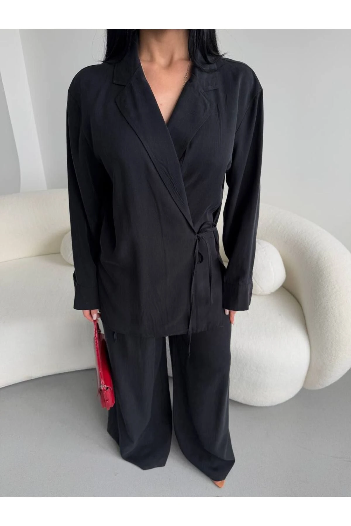 Kadın Bej Bağlamalı Gömlek Pantolon Alt Üst Ikili Takım