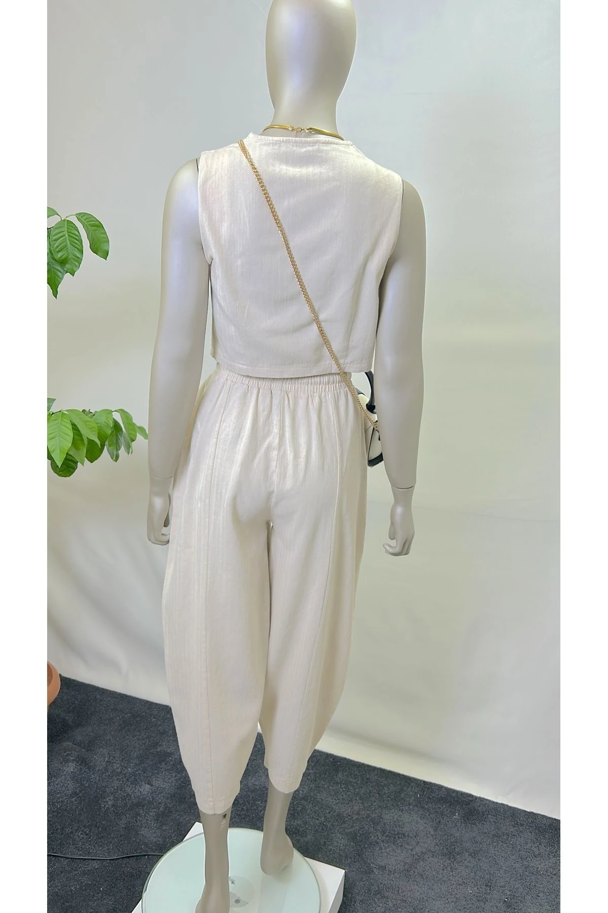 Kadın Bej Örgü Detaylı Yelek Pantolon Alt Üst Özel Tasarım Keten Takım