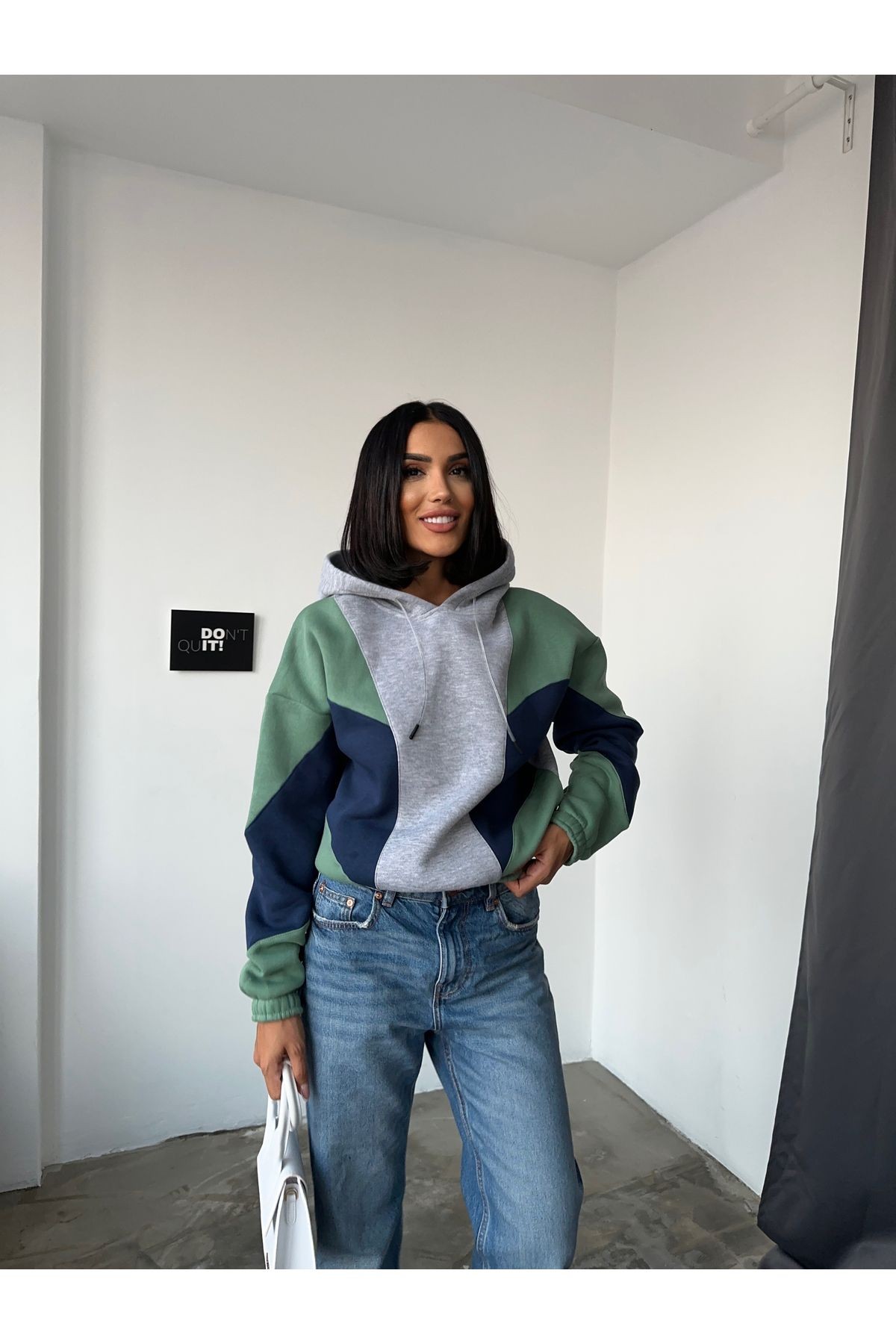 Kadın Üç Renk Garnili Bej Kapüşonlu Sweatshirt