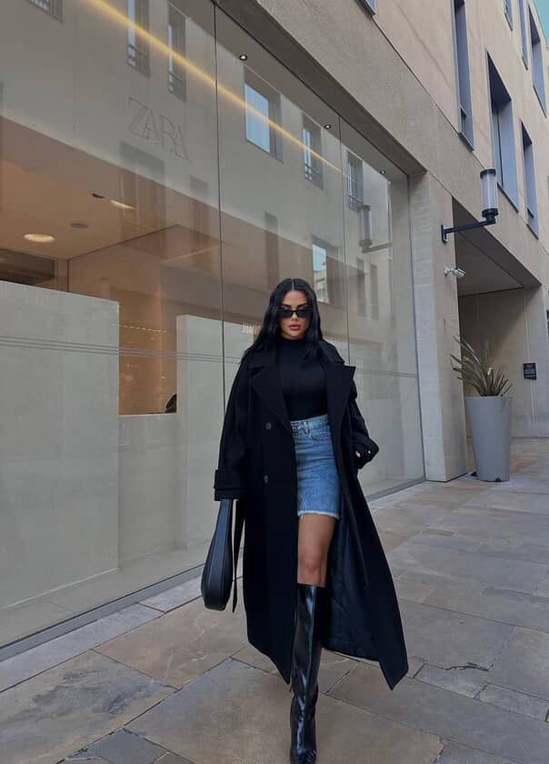 Kadın Siyah Uzun Oversize Bağlamalı ve Düğmeli Palto