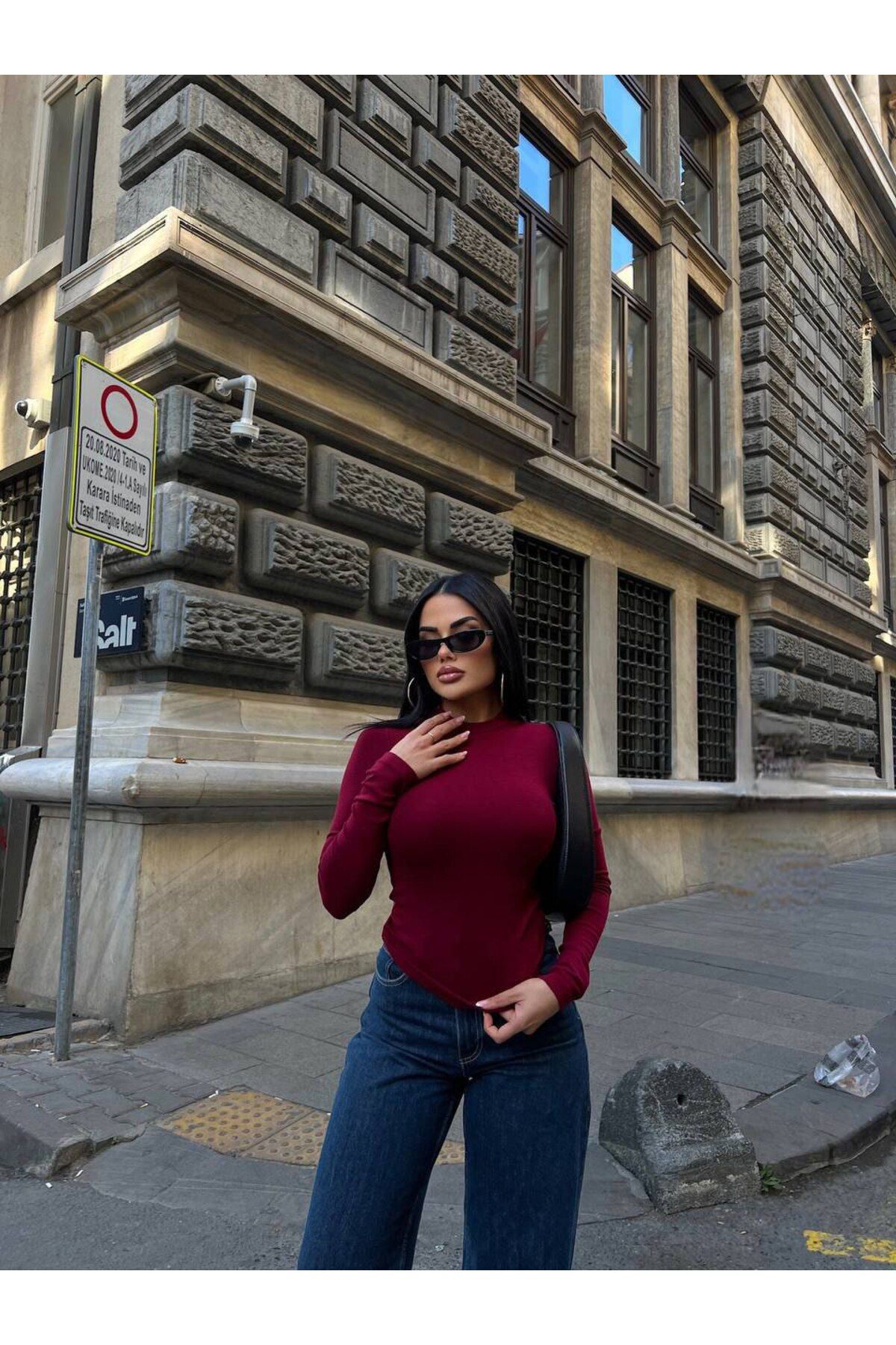 Kadın Bordo Uzun Kollu Likralı Body