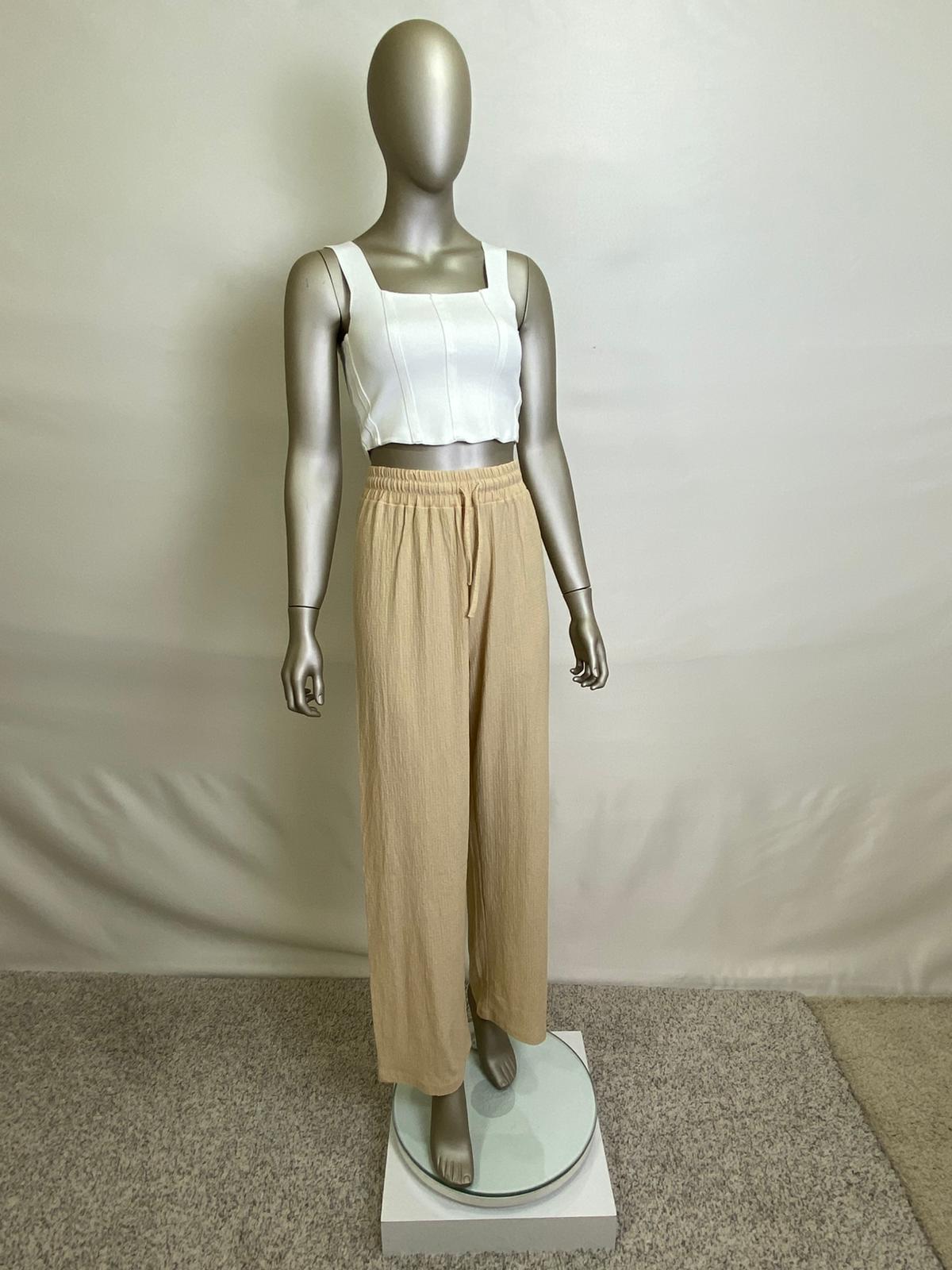 Kadın Bej Gofre Beli Lastikli Palazzo Pantolon