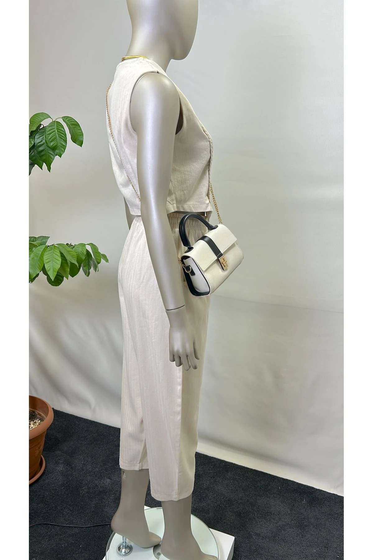 Kadın Bej Örgü Detaylı Yelek Pantolon Alt Üst Özel Tasarım Keten Takım