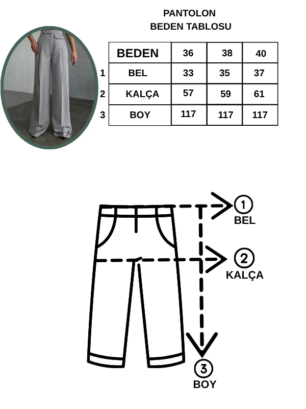 Kadın Gri Yüksek Bel Düğme Detaylı Geniş Paça Palazzo Pantolon