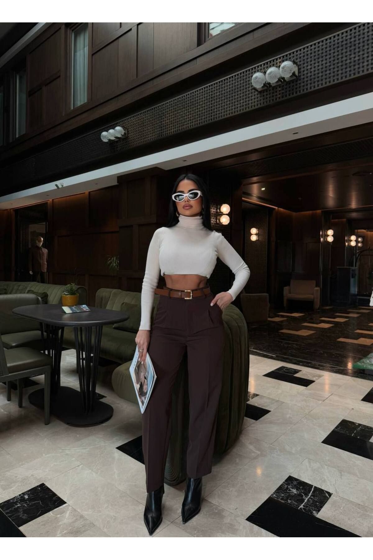 Kadın Acı Kahve Yüksek Bel Pileli Kemerli Premium Pantolon