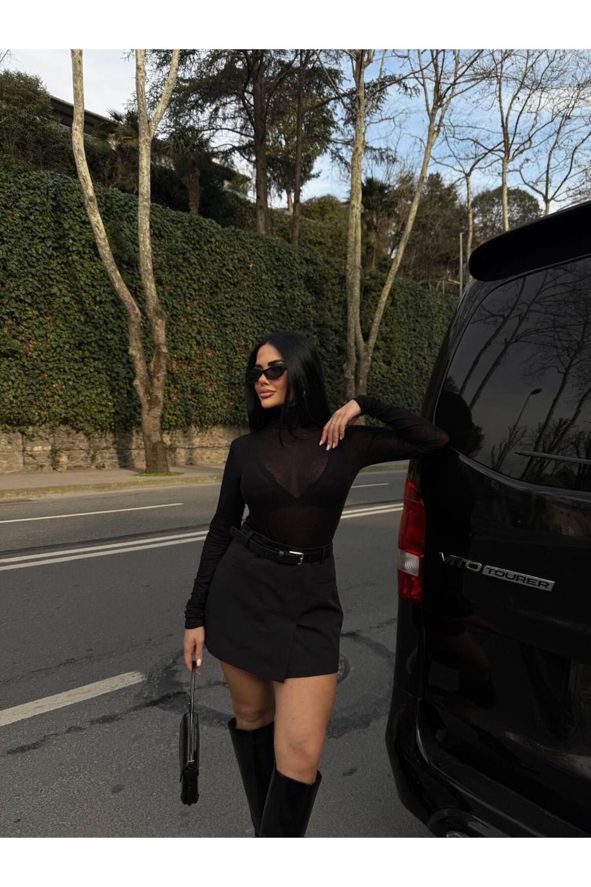 Kadın Acı Kahve Yüksek Bel Önü Cepli Kemerli Kısa Şort Etek