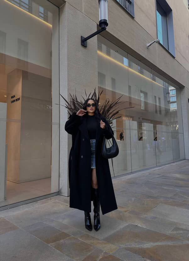 Kadın Siyah Uzun Oversize Bağlamalı ve Düğmeli Palto