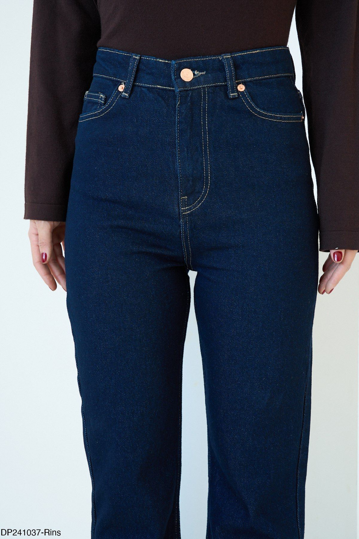 Kadın Koyu Lacivert Yüksek Bel İspanyol Paça Jean Pantolon