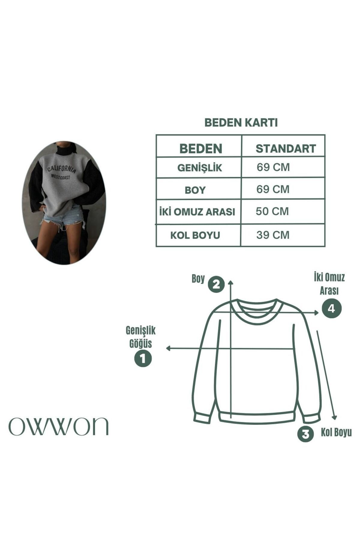 Kadın California Baskılı Yandan ve Koldan Ekru Kazak Detaylı Oversize Gri Sweatshirt