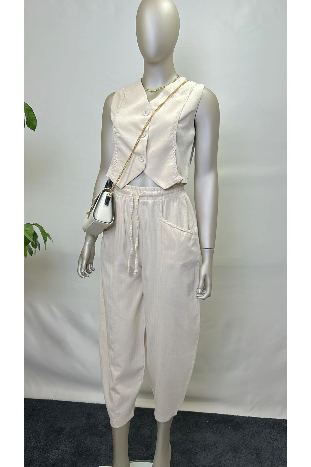 Kadın Bej Örgü Detaylı Yelek Pantolon Alt Üst Özel Tasarım Keten Takım