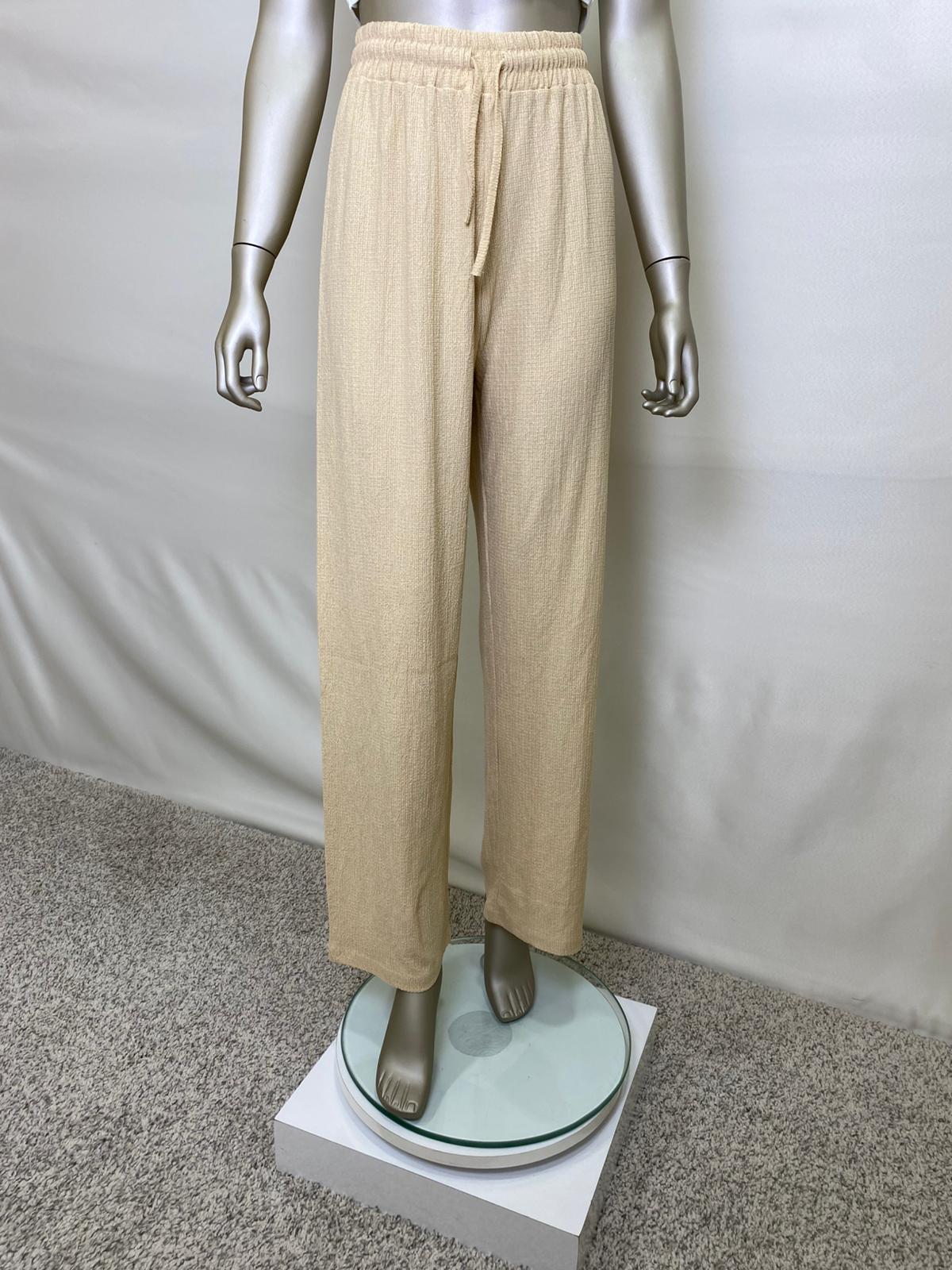 Kadın Bej Gofre Beli Lastikli Palazzo Pantolon