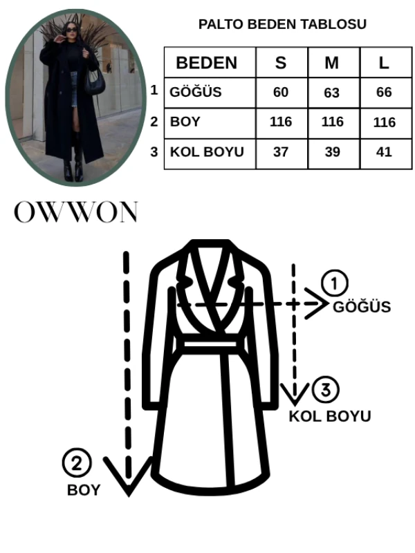 Kadın Siyah Uzun Oversize Bağlamalı ve Düğmeli Palto