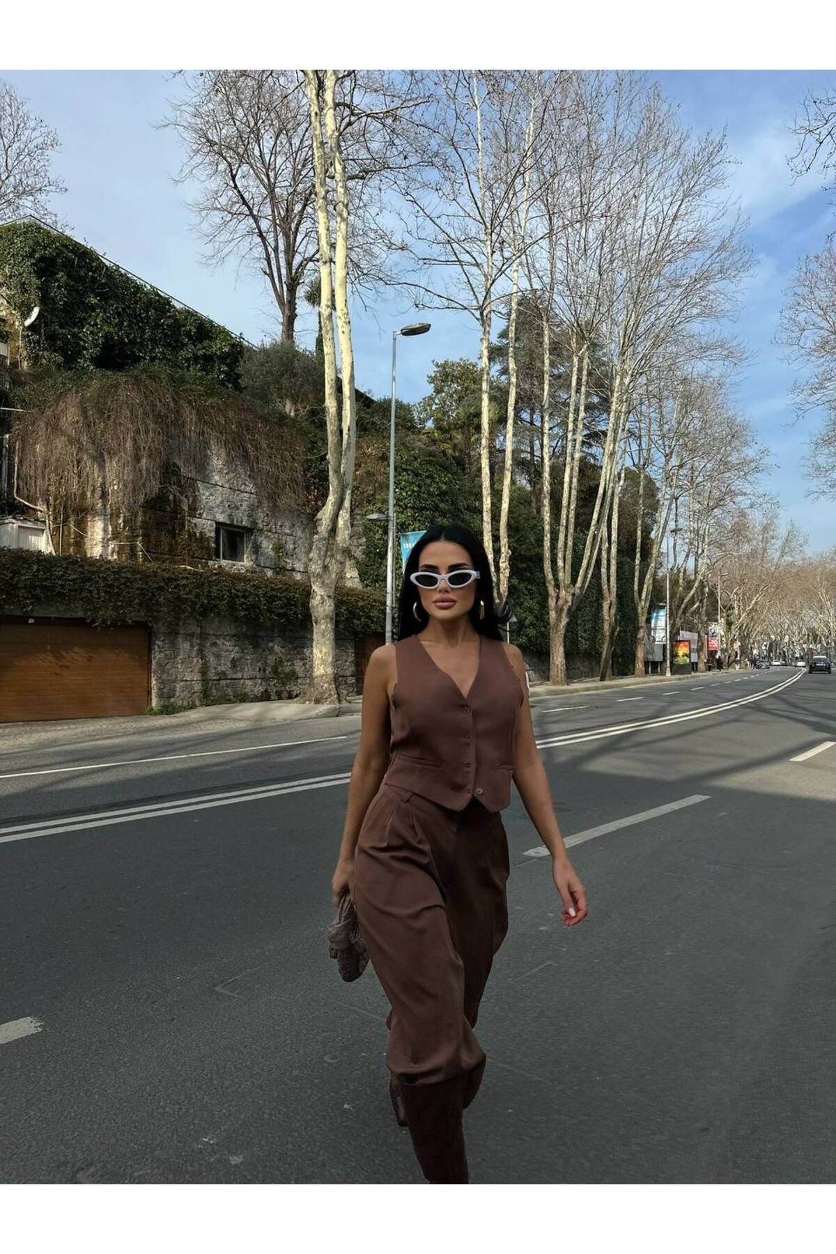 Kadın Acı Kahve Ikili Yelekli Pantolon Alt Üst Takım