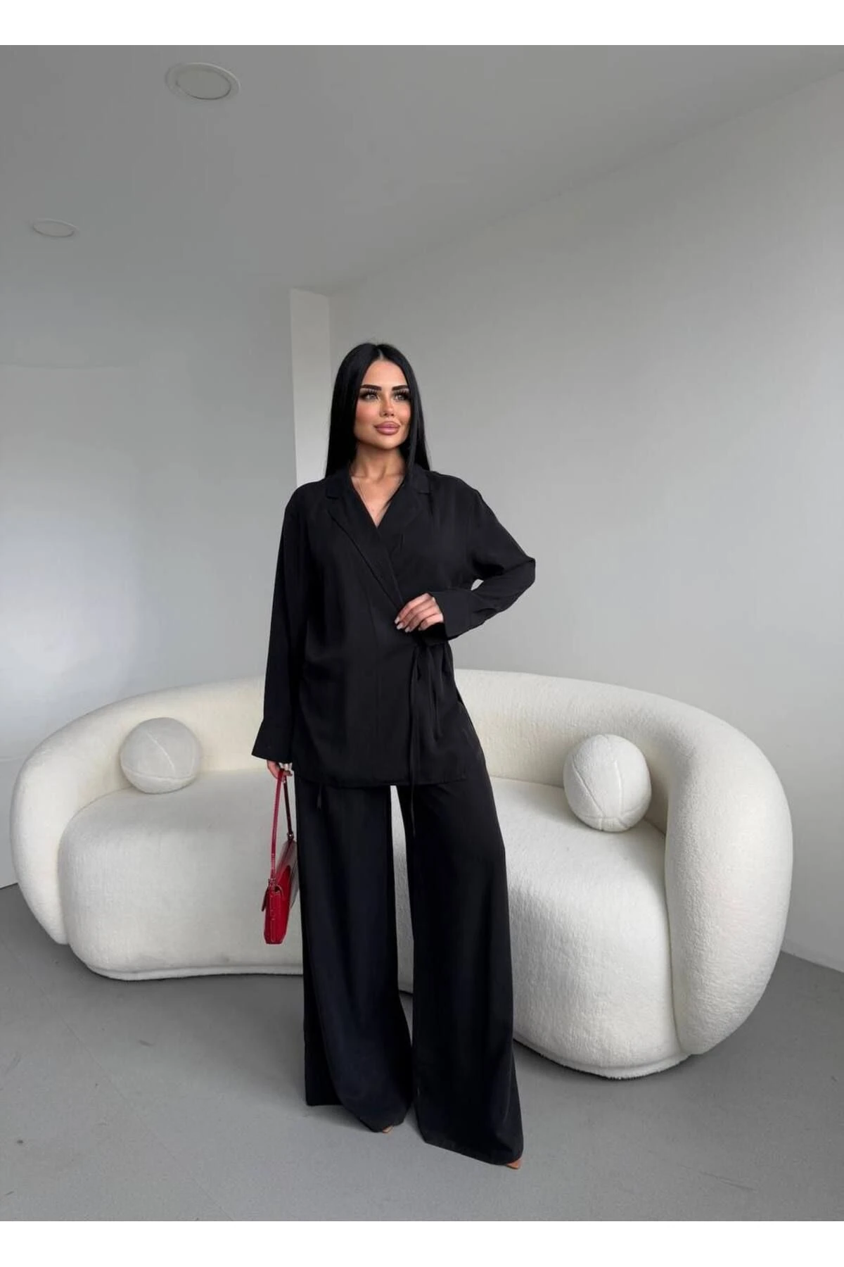 Kadın Bej Bağlamalı Gömlek Pantolon Alt Üst Ikili Takım