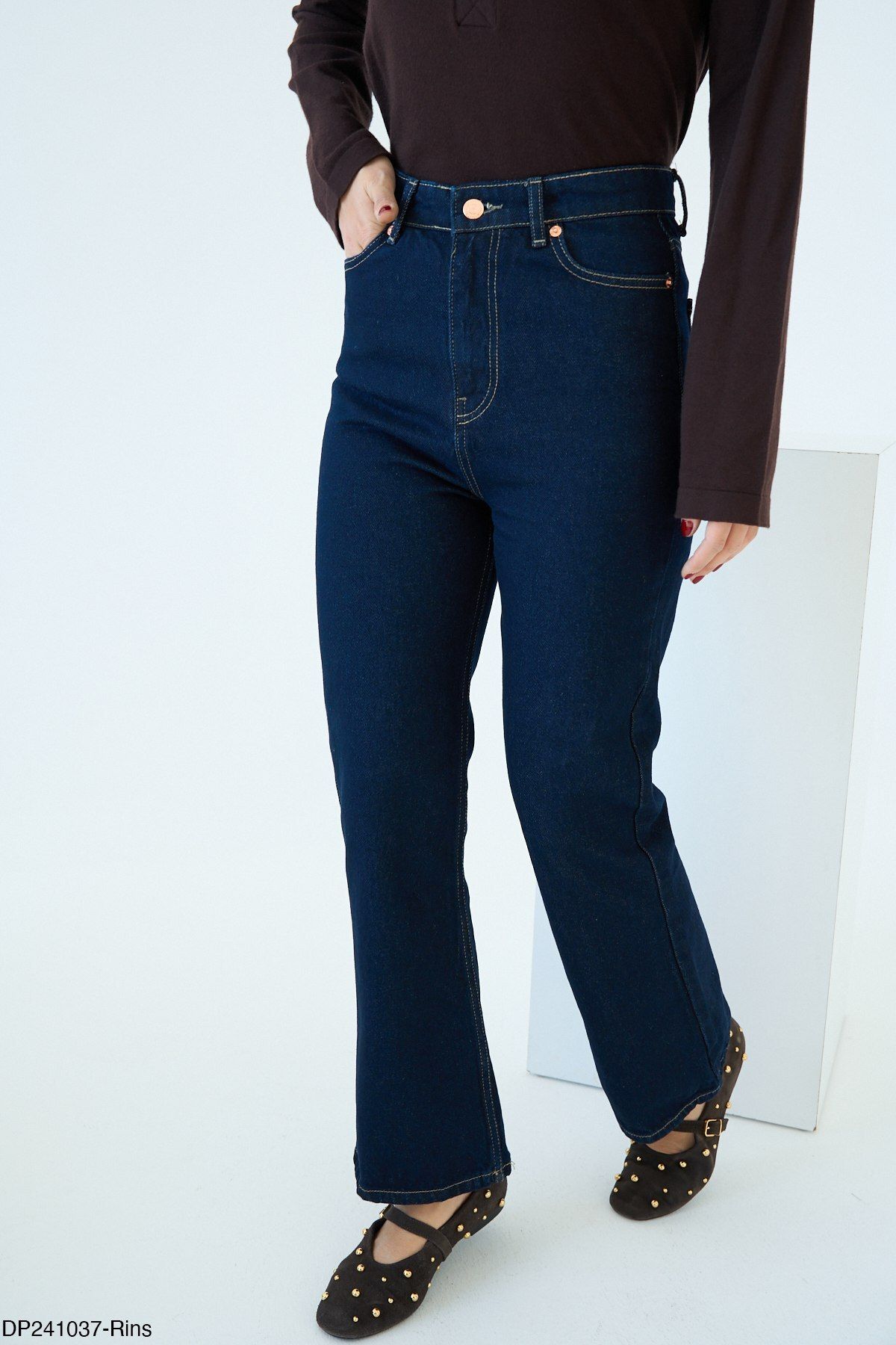 Kadın Koyu Lacivert Yüksek Bel İspanyol Paça Jean Pantolon