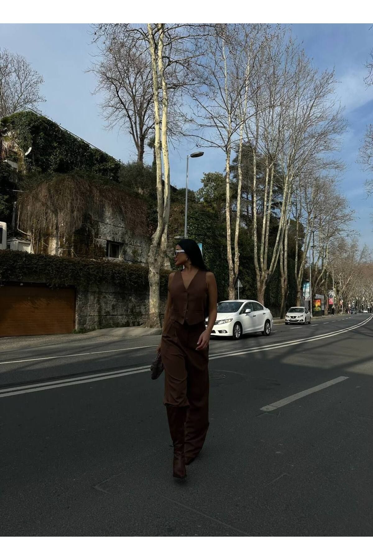 Kadın Acı Kahve Ikili Yelekli Pantolon Alt Üst Takım