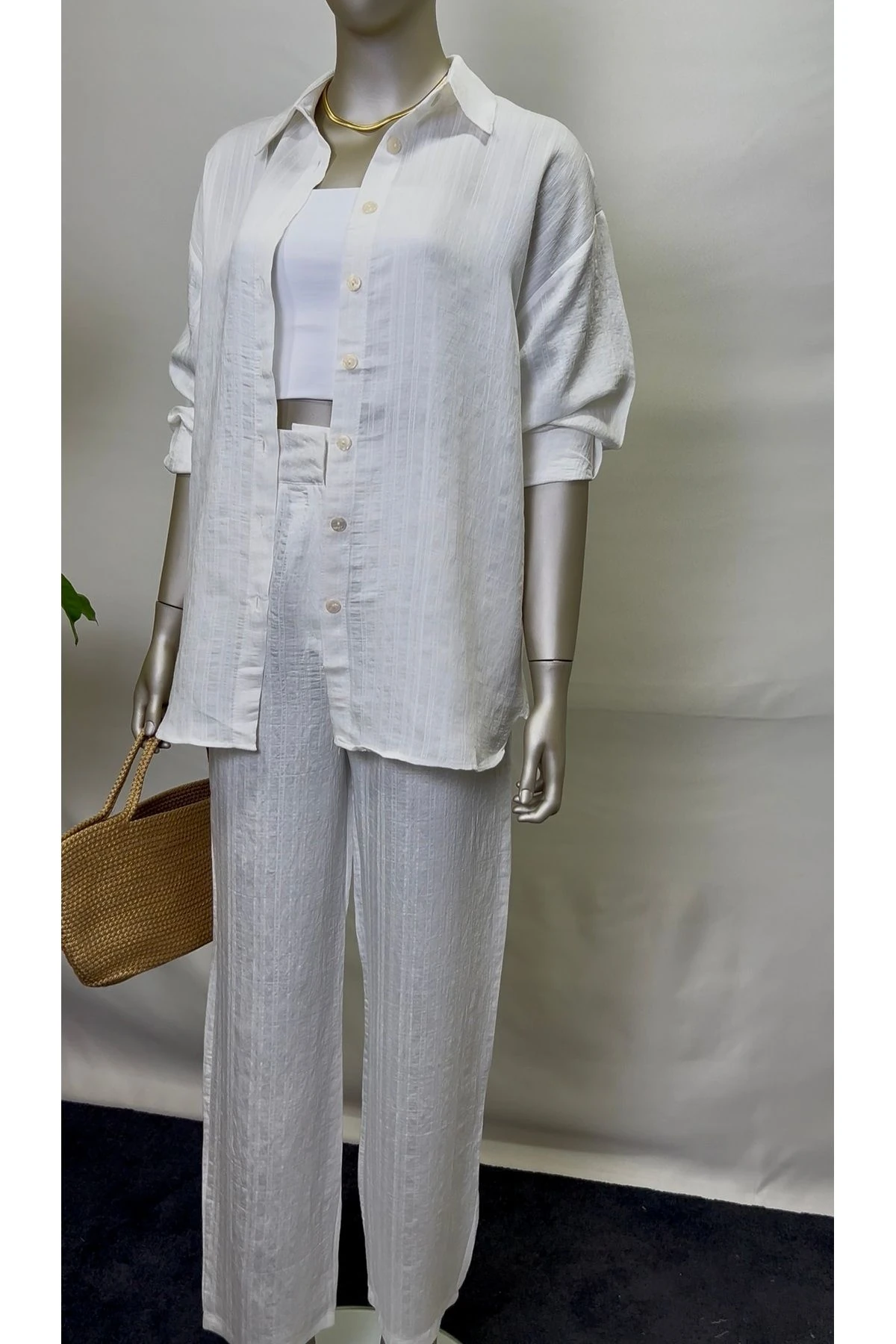 Kadın Beyaz Pantolon Gömlek Alt Üst İkili Takım