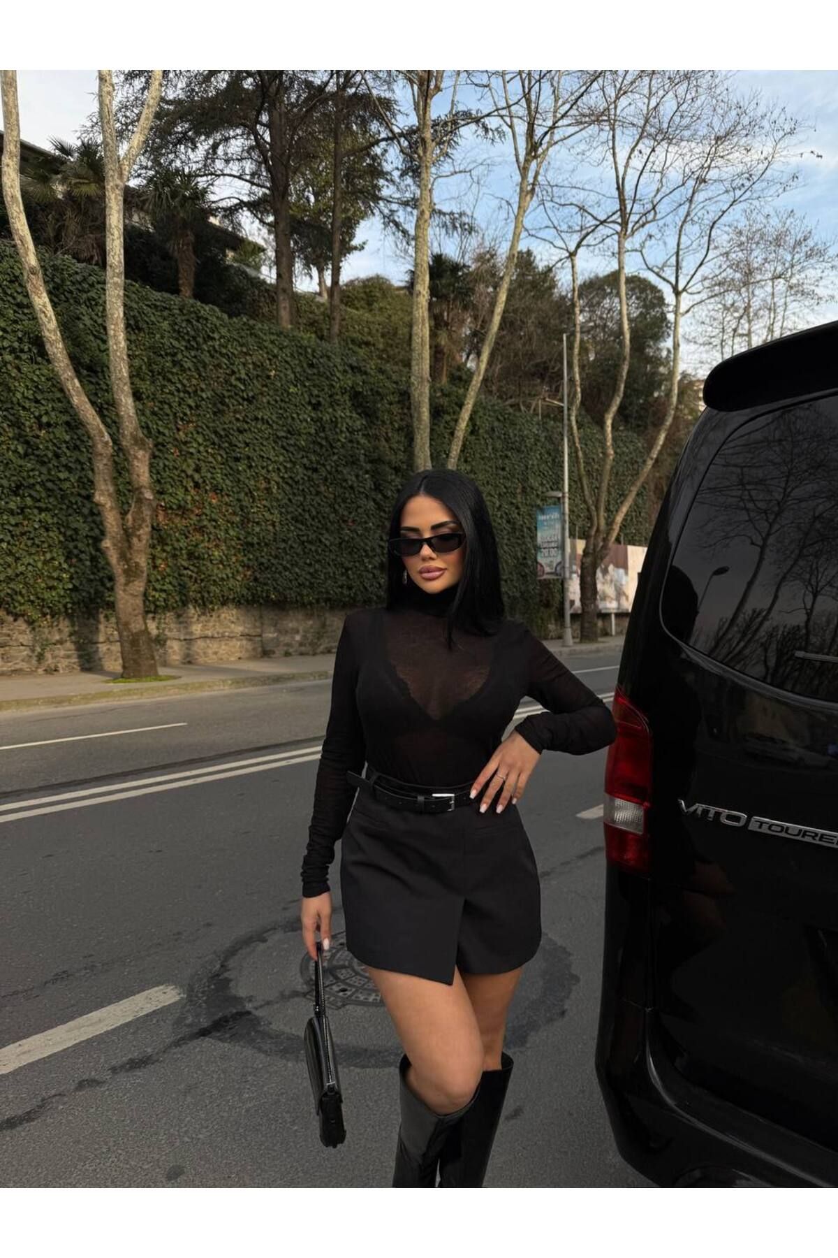 Kadın Acı Kahve Yüksek Bel Önü Cepli Kemerli Kısa Şort Etek