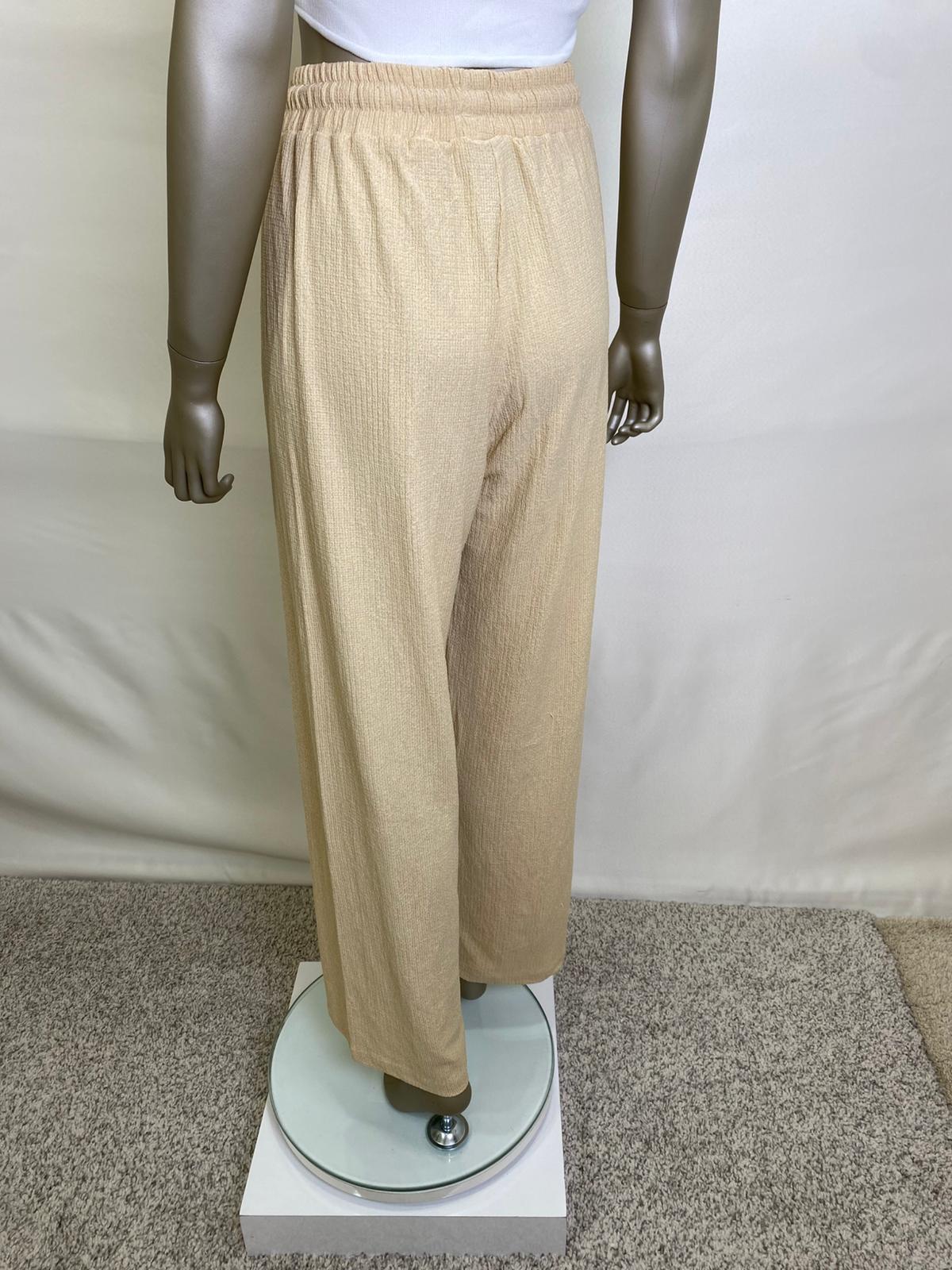 Kadın Bej Gofre Beli Lastikli Palazzo Pantolon