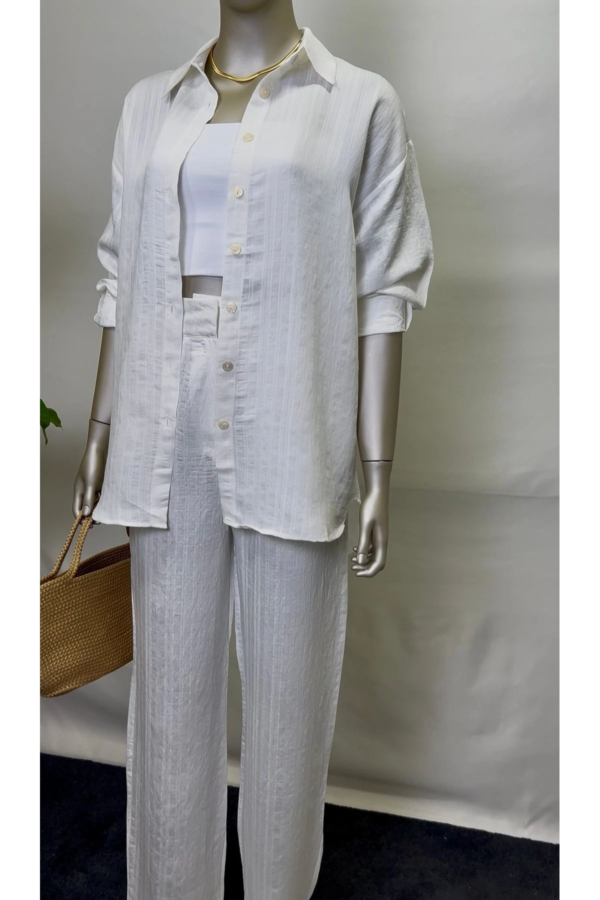 Kadın Beyaz Pantolon Gömlek Alt Üst İkili Takım